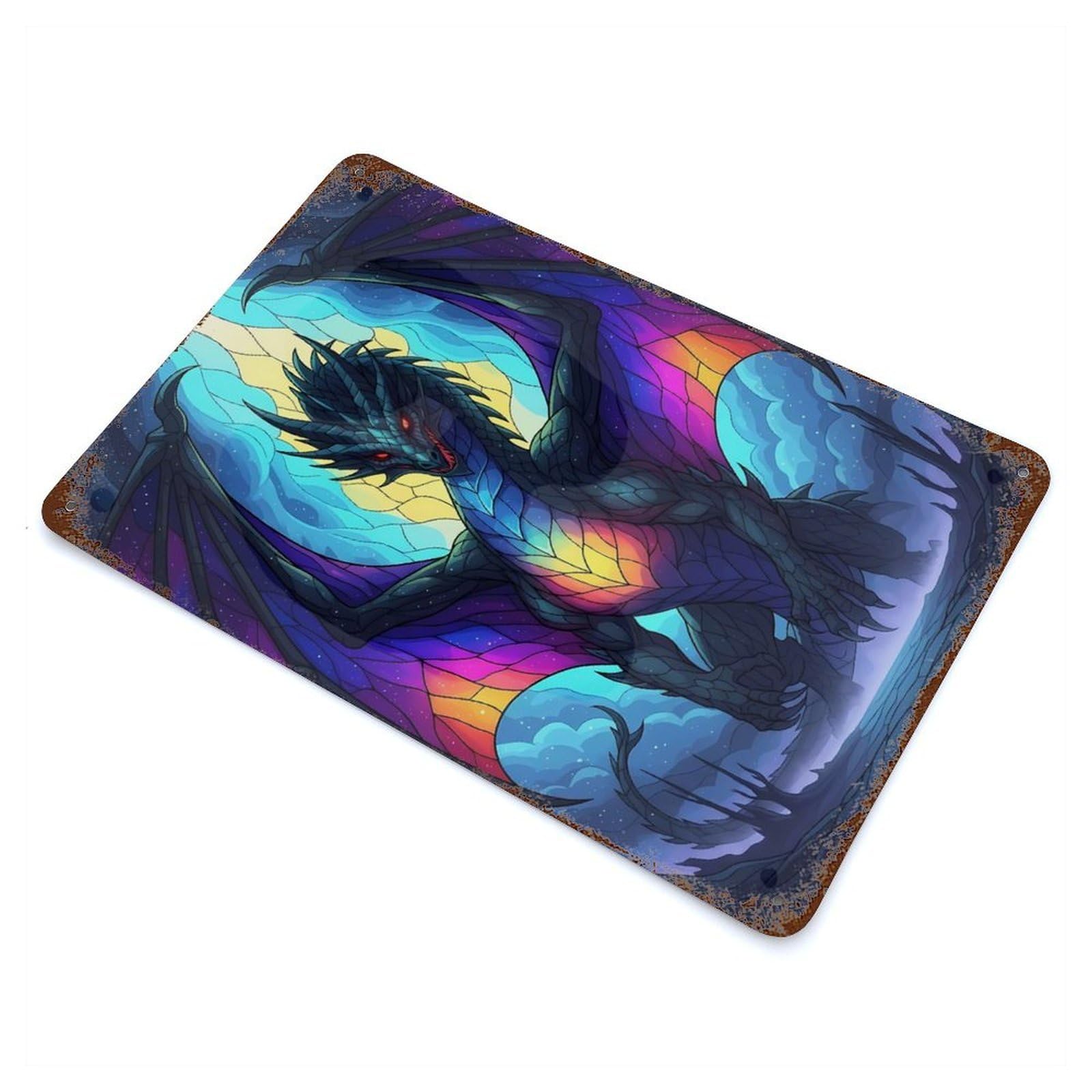 Rust Effect Stained Glass Dragon with Colorful Wings Aged Metal Wall Plaque 11.8"x7.9", Rustic Home Decor for Bistro, Counter And Cafe Decor