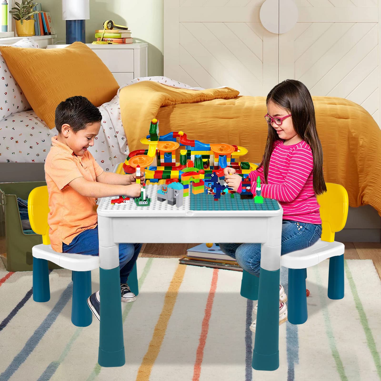 XMTECH 6 in 1 Kindertisch mit Stühle Set,Kompatibles Multi Aktivitätstisch Set,Basteltisch mit 2 Stühle und 163 Bausteinen Multifunktionaler Lern- und Spieltisch mit Aufbewahrung,Geschenk
