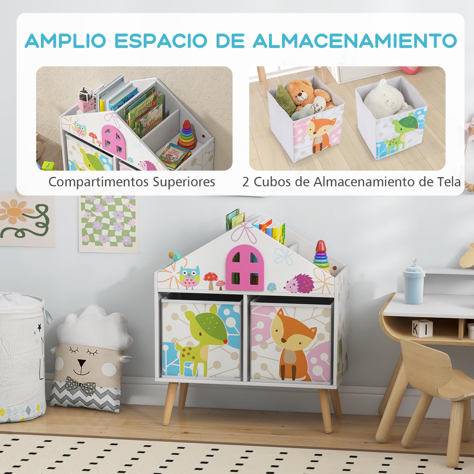 GOPLUS Estanteria Infantil de Juguetes y Libros para Niños, Organizador de Almacenamiento con 2 Cajones y 4 Compartimentos Abiertos de Gran Capacidad, Mueble Infantil con Patas Elevadas, 62×30×72 cm