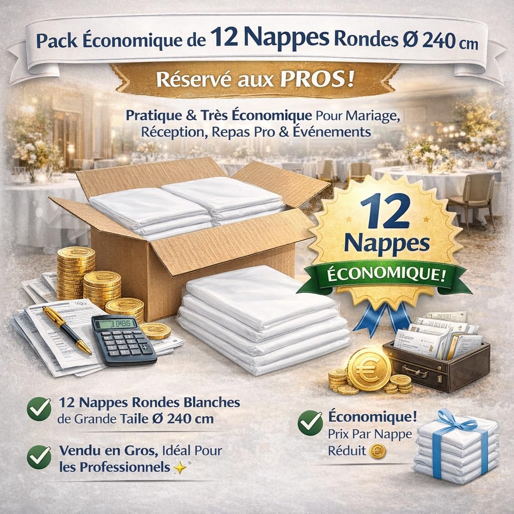 Lot de 12 Nappes Rondes Jetables Blanches Ø 240 cm en Spunbond | Résistantes, Déperlantes & Essuyables | Idéal Mariage, Réception, Anniversaire, Buffet | Nappage Professionnel