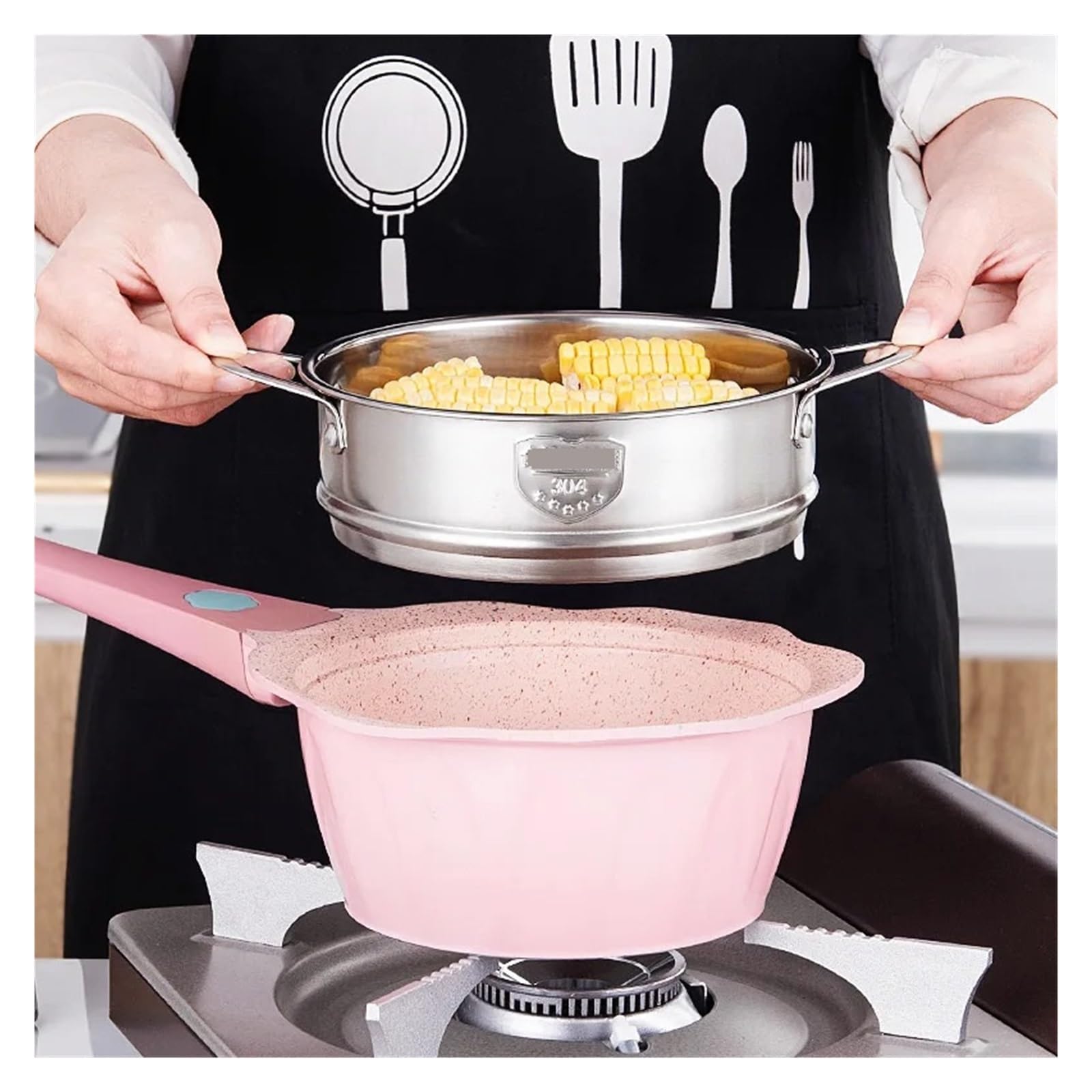 Vaporiera in acciaio inossidabile 304 for gnocchi con doppia griglia for la cottura a vapore, cestello di scolo for pentola for riso, utensili da cucina per pasti quotidiani in famiglia Zuppe(24cm)