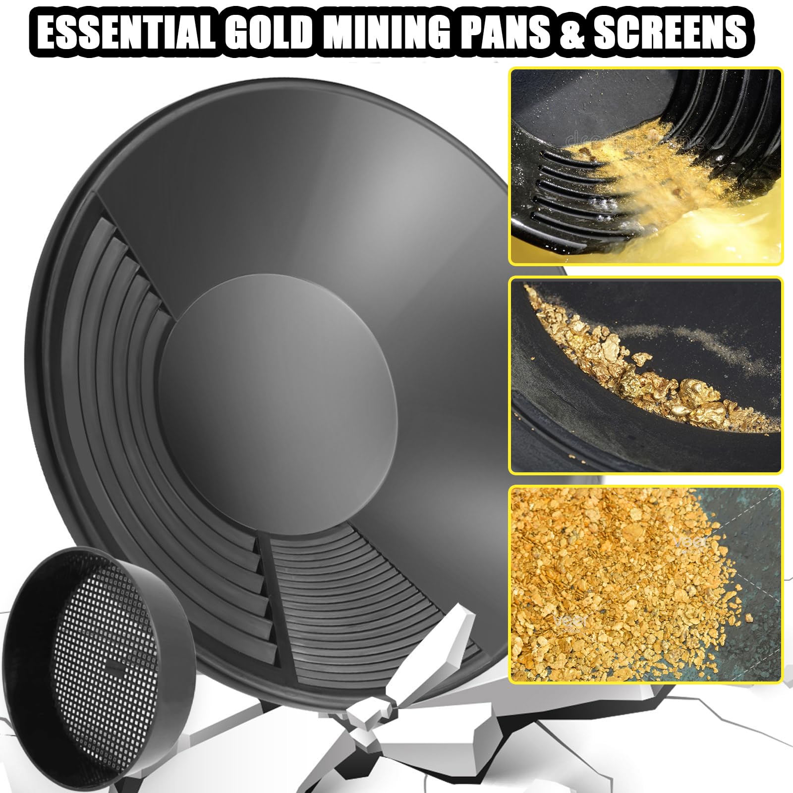 Setaccio Oro Kit Setaccio Per Oro Gold Pan Kit Bacino per la Ricerca dell'oro Ricerca Oro Pans Setaccio Accessori per Sabbia Oro miniere Lavaggio Manuale Oro panning (nero)