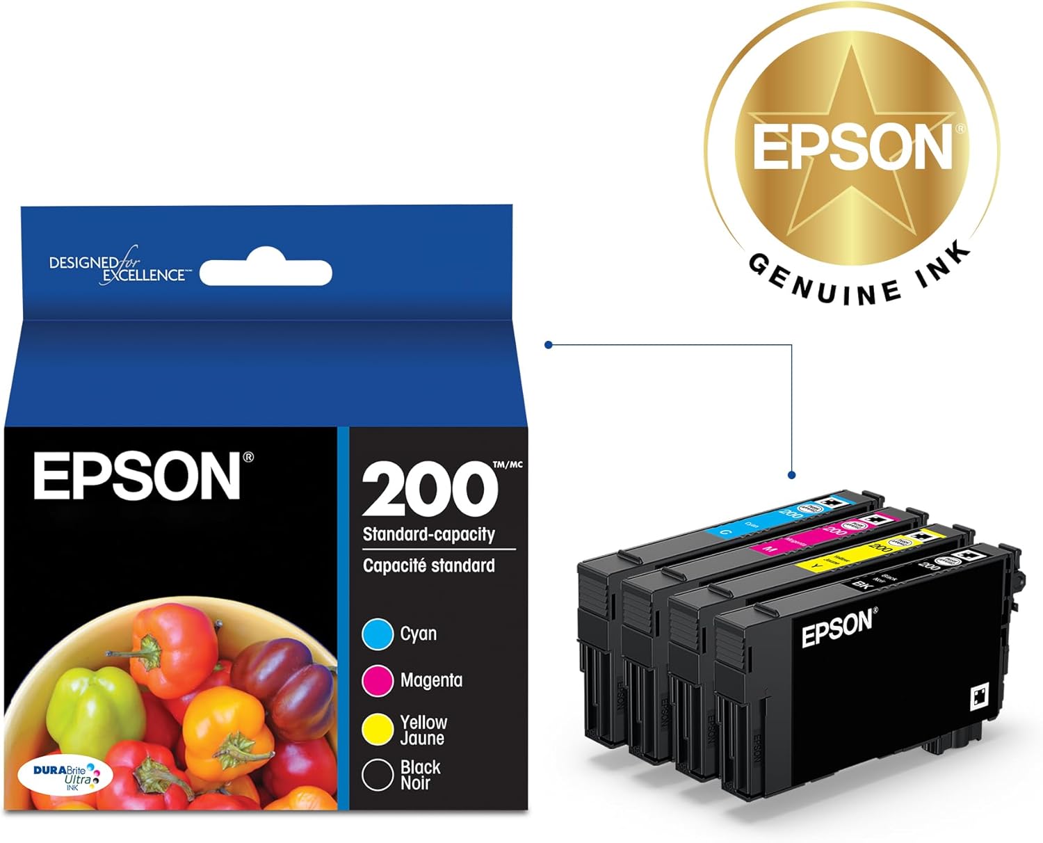 epson 200 durabrite ultra ink standard capacity black & color cartridge combo pack (t200120-bcs) works with workforce wf-2520, 2530, 2540, expression xp-200, 300, 310, 400, 410