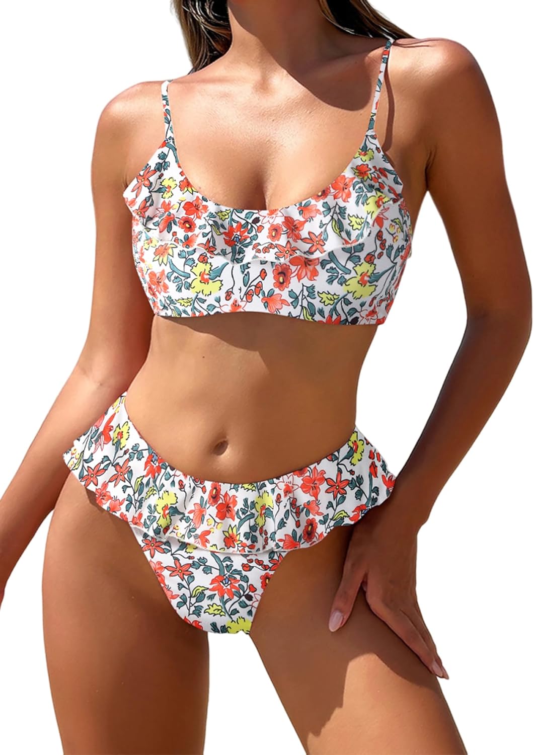 ZAFUL Ruffle Bikinis for Women Scoop Neck Swimsuits Lace Up Bikini Sets Padded Swimwear High Cut 2 Piece Bathing Suits