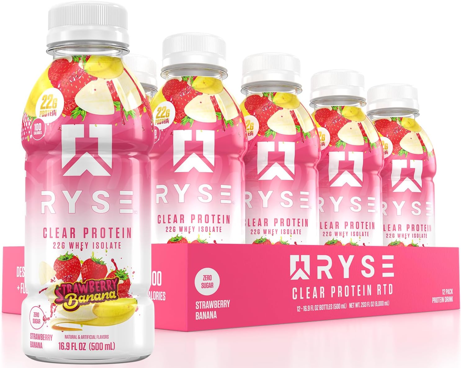 RYSE Clear Protein Shake - Strawberry Banana - 100 Calories, 22g Whey Isolate Protein, Sugar-Free, 0g Fat & Lactose-Free - Refreshing Ready-to-Drink Beverage - 16.9 fl oz Bottles (12-Pack)