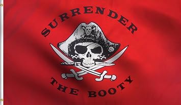 DMSE Red Surrender The Booty Pirate Skull Jolly Roger Flag 2X3 Ft Foot 100% Polyester 100D Flag UV Resistant 2X3 Foot
