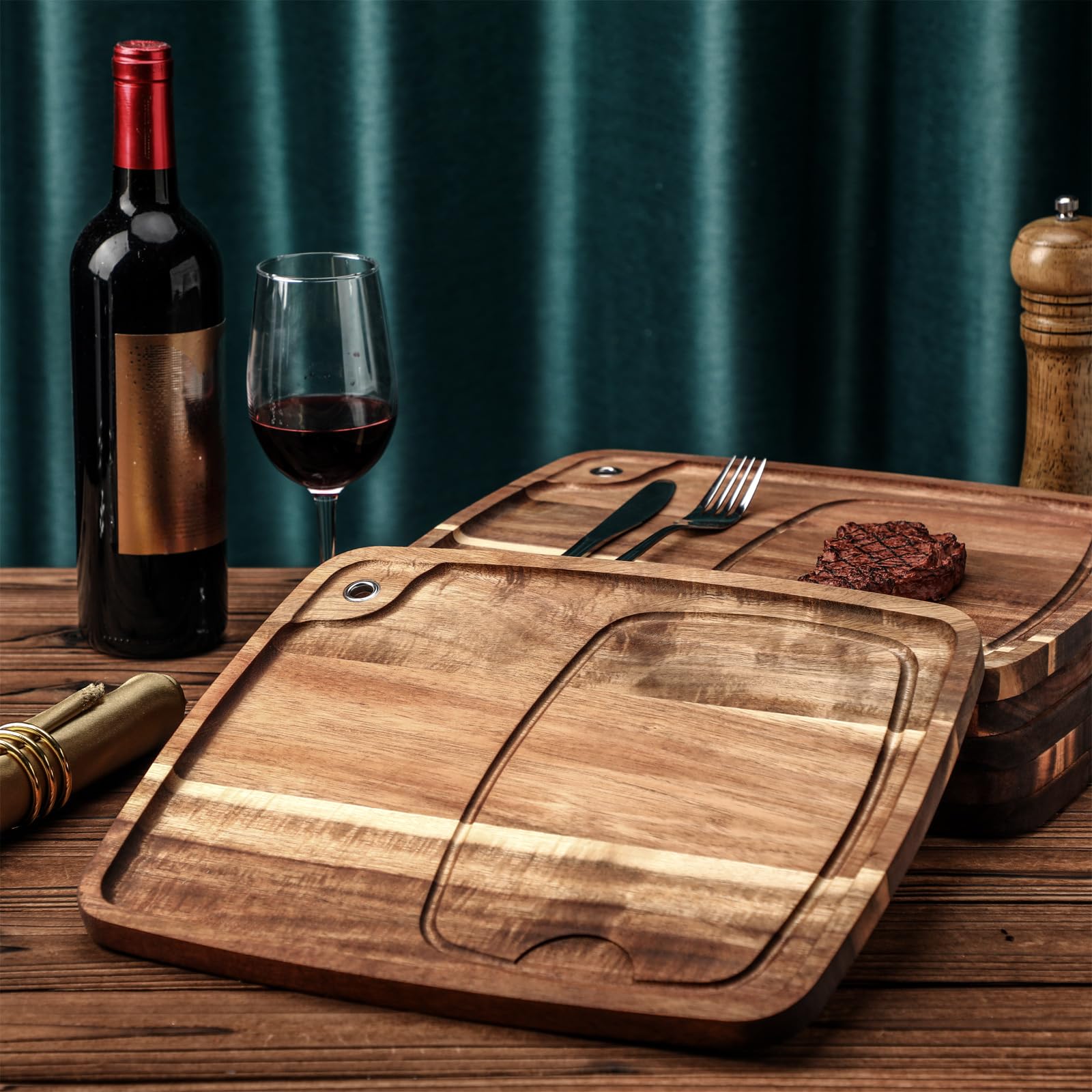 Uiifan Juego de 6 platos de carne con canal de jugo, tabla de cortar de madera de acacia para servir en Navidad, servir en casa, platos de carne, aperitivos, postres, 13 x 11 x 0.6 pulgadas