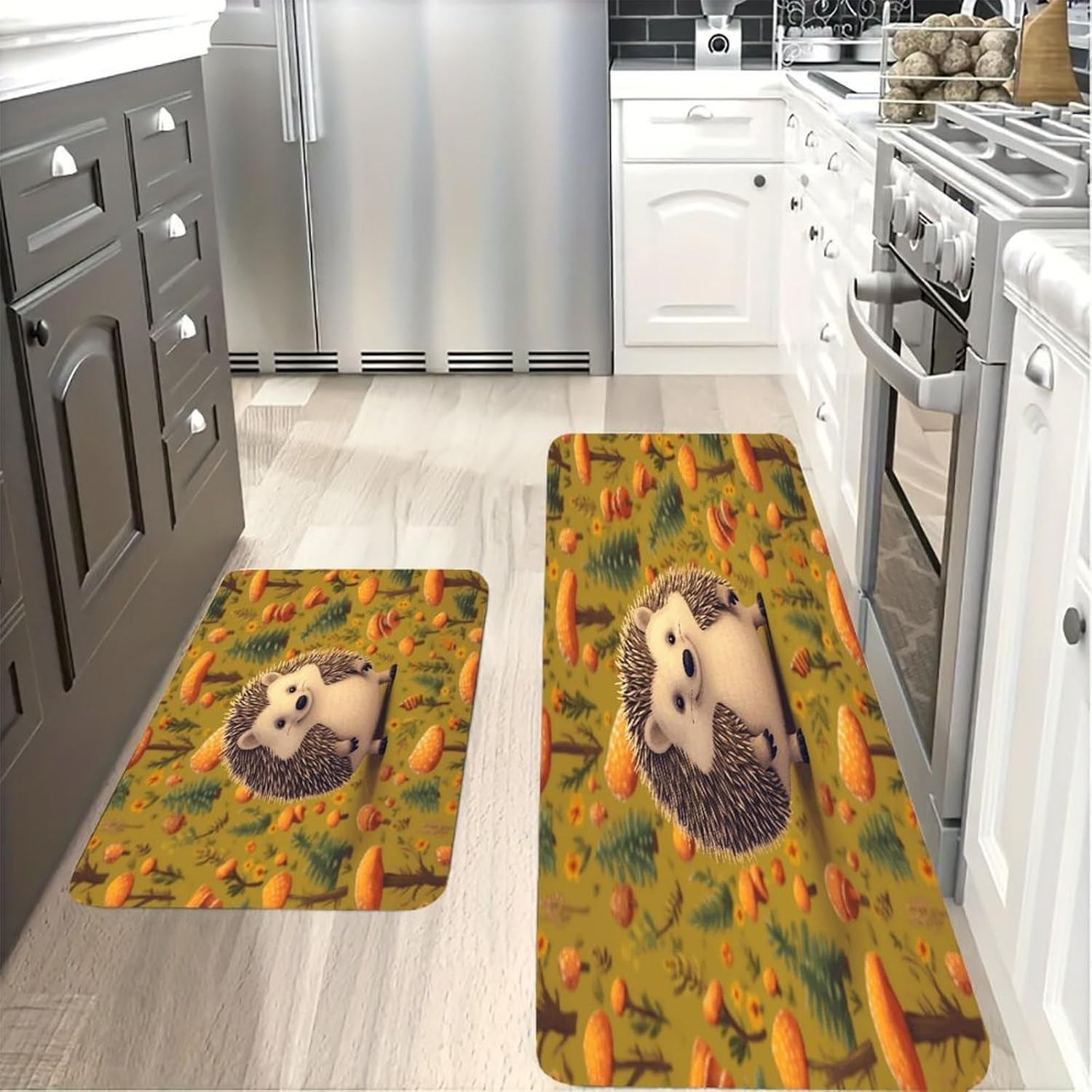 Hedgehog Kitchen Mat Washable Non Slip Rugs Soft Kitchen Mats for Floor Set of 2 PCS Cushioned Absorbent Runner Standing Rugs for Home Sink Laundry Office