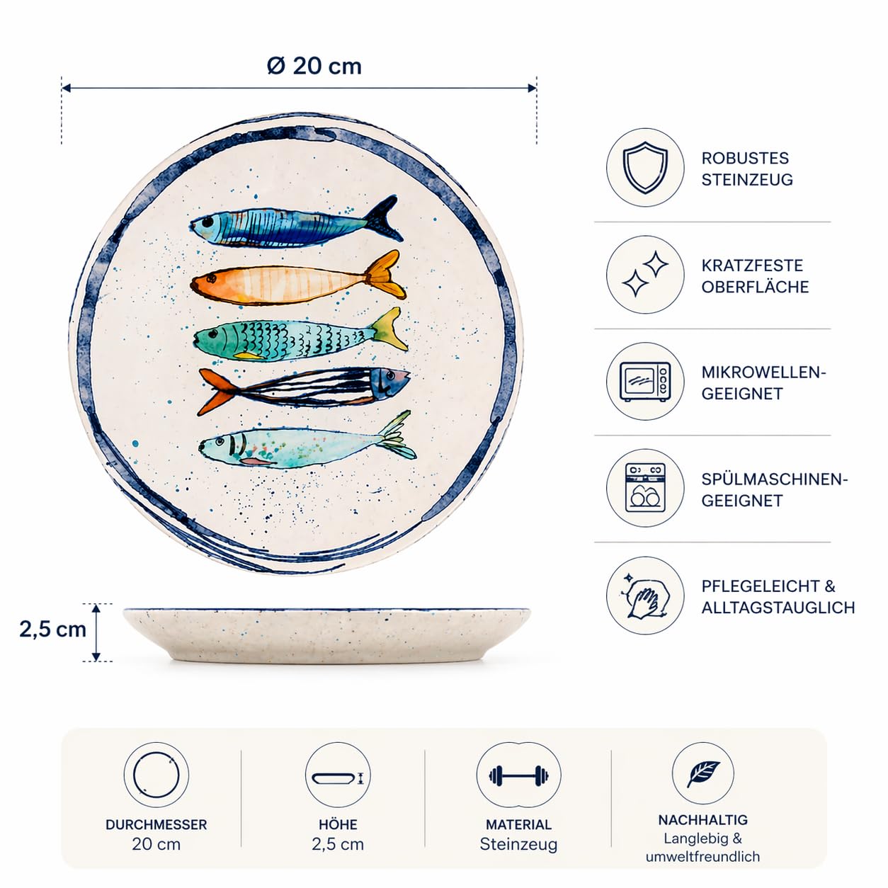 Teller im mediterranen Design mit Sardinen-Motiv | Maritime Speiseteller (26 cm), Suppenteller (21 cm) oder Dessertteller (20 cm) - robust, Steinzeug, glattes Finish (4er Set Dessertteller (20 cm))