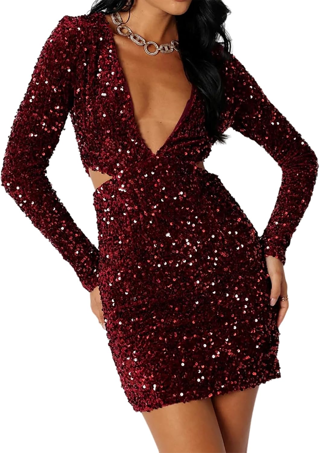 R.Vivimos Womens Glitter Sequin Party Dresses Fall Winter Long Sleeve Sexy Deep V Neck Cut Out Sparkly Club Velvet Mini Dress - Image 2