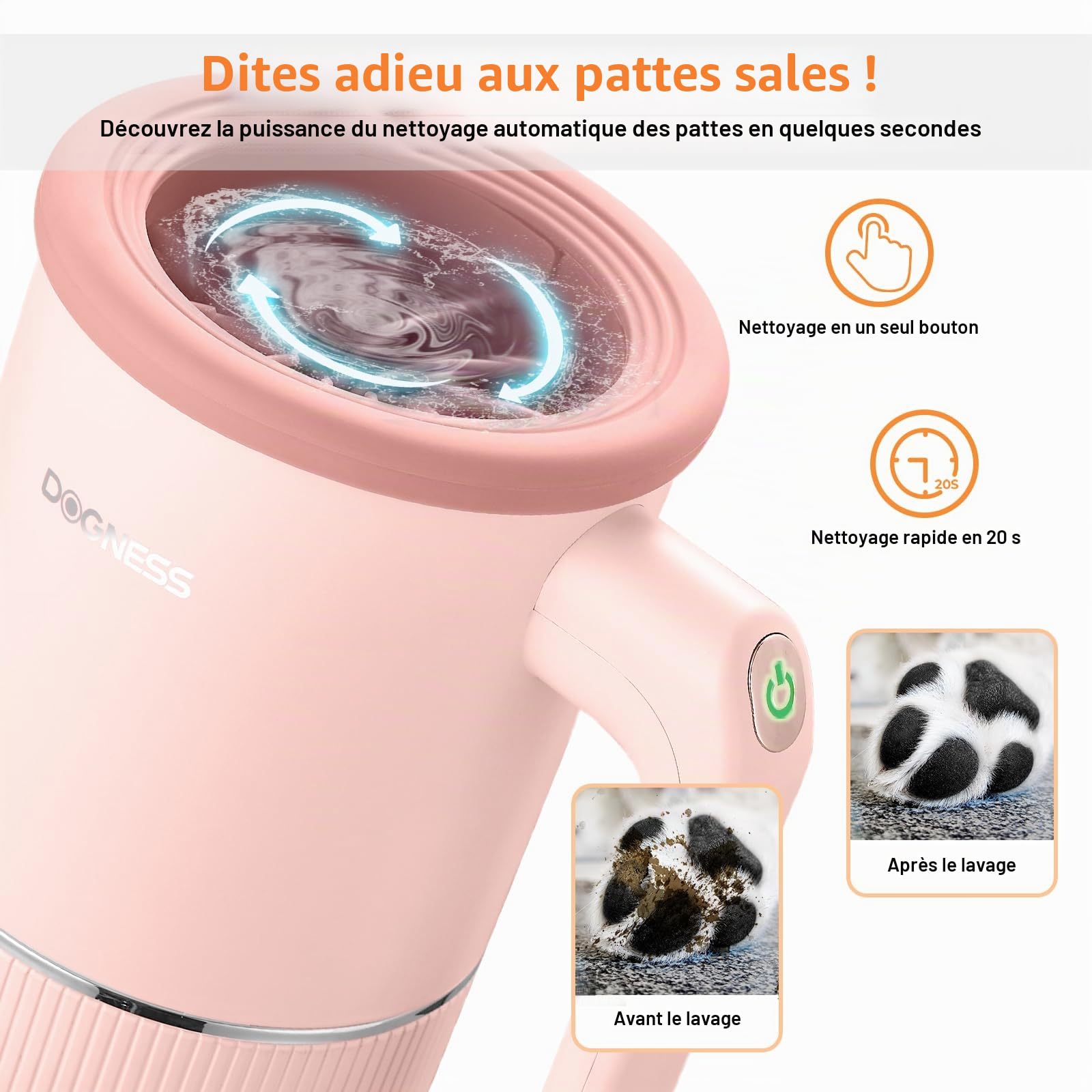 DOGNESS Nettoyeur automatique de pattes de chien pour grands chiens, avec silicone, type C, charge rapide USB, nettoyage de pattes de chien à 360° (rose)