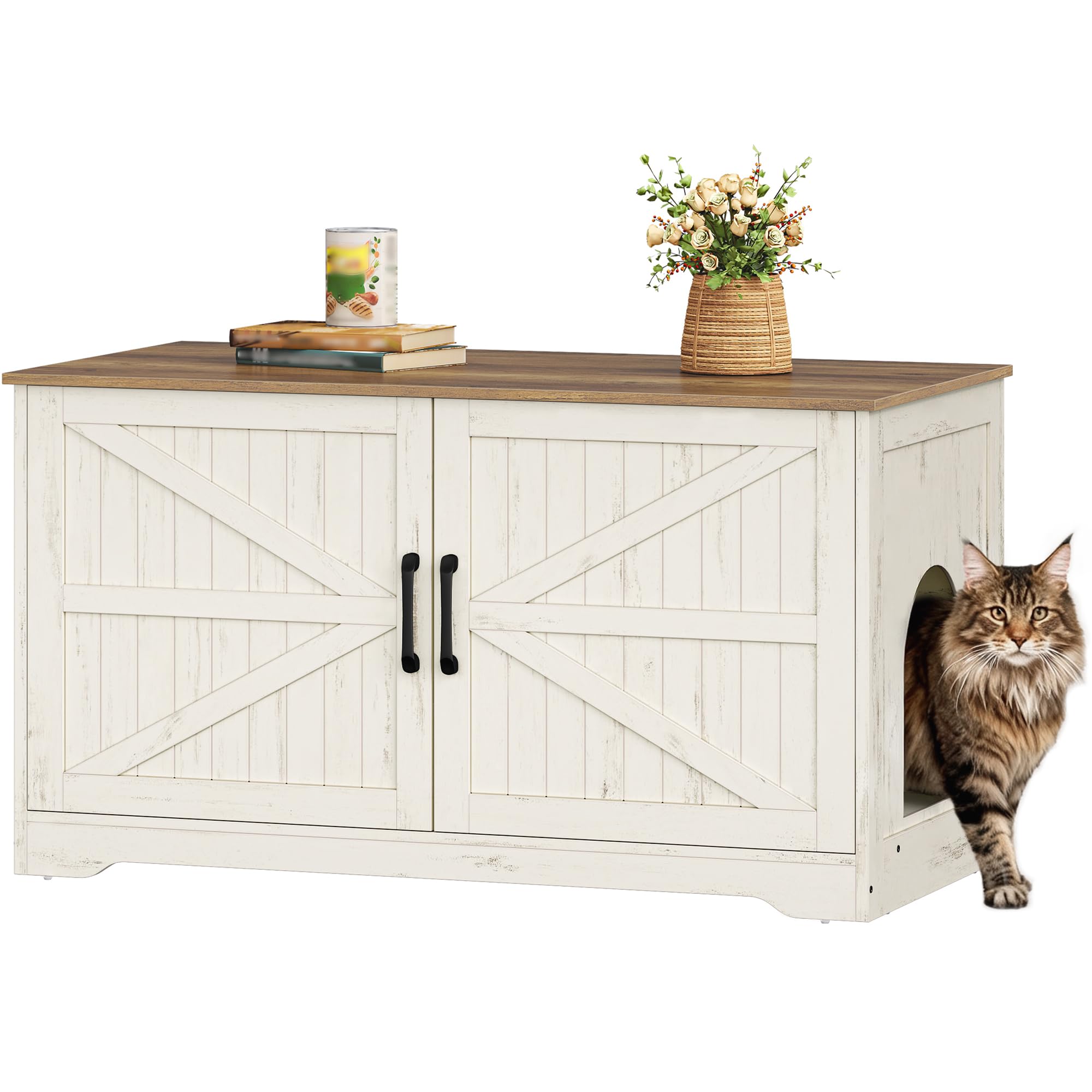 Fobyfurny Cat Litter Box Enclosure, 100 x 50 x 55cm, Brown & White
