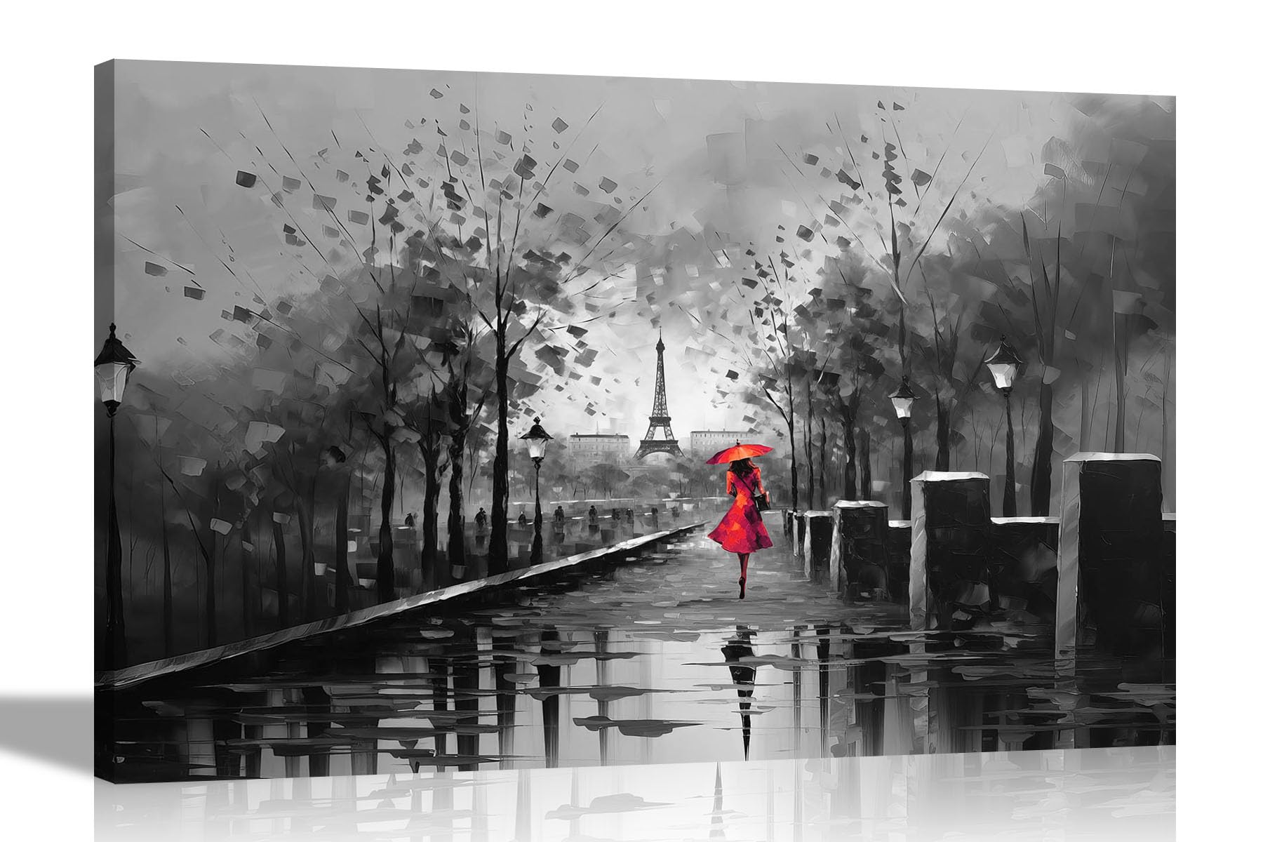Artley Prints Red Black And White Black And White Alone On A Wet Paris Day Red Large Colourful Canvas Wall Art For Living Room | Abstract Pictures And Prints Ready To Hang 86 X 61Cm (34 X 24 Inches) A1