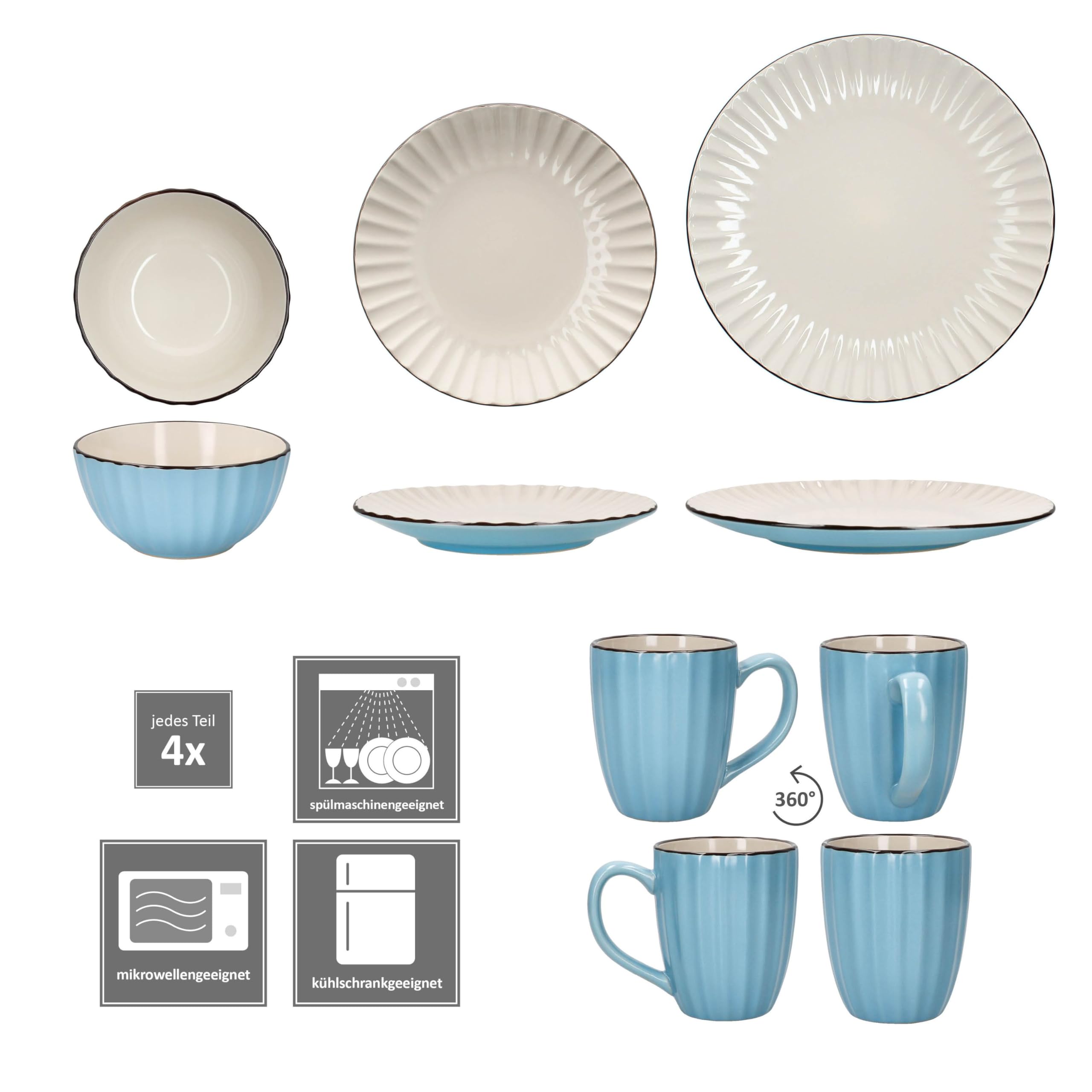 MÄSER OSITA Service de table 16 pièces bleu clair pour 4 personnes I Service de table en faïence bleu et crème avec 4 tasses à café de 300 ml, bols de 450 ml, assiettes à gâteau et assiettes plates I