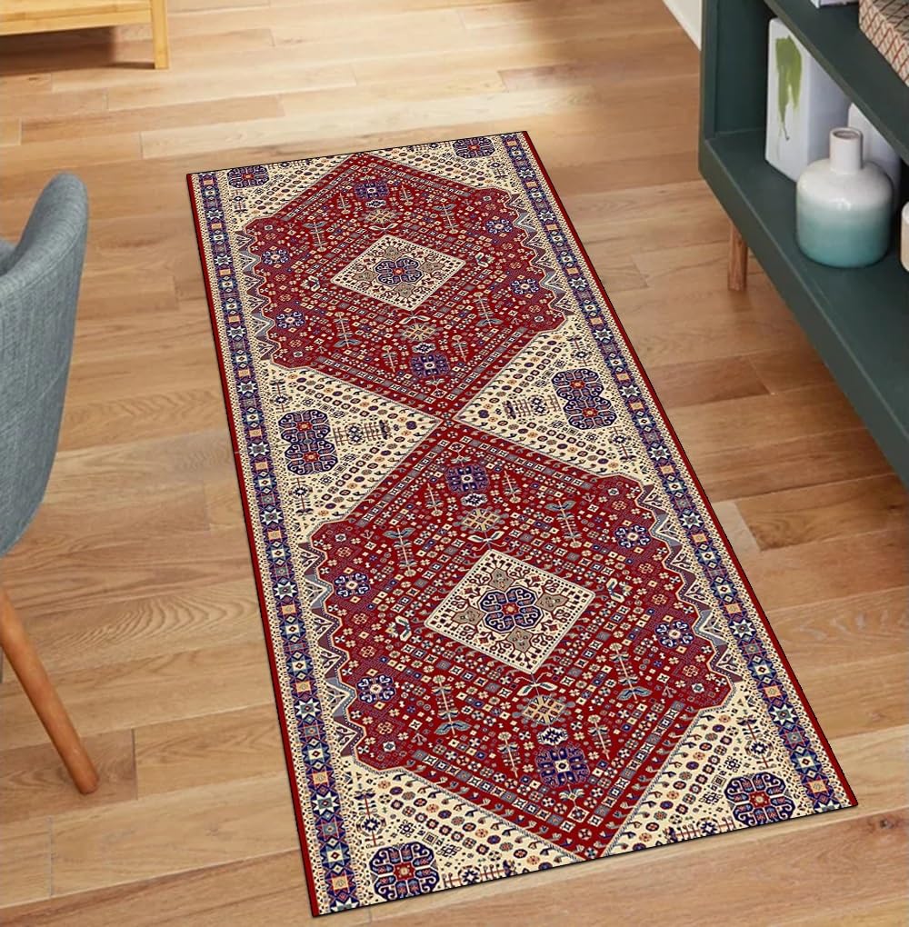 Alfombra de pasillo lavable y antideslizante de estilo vintage rojo