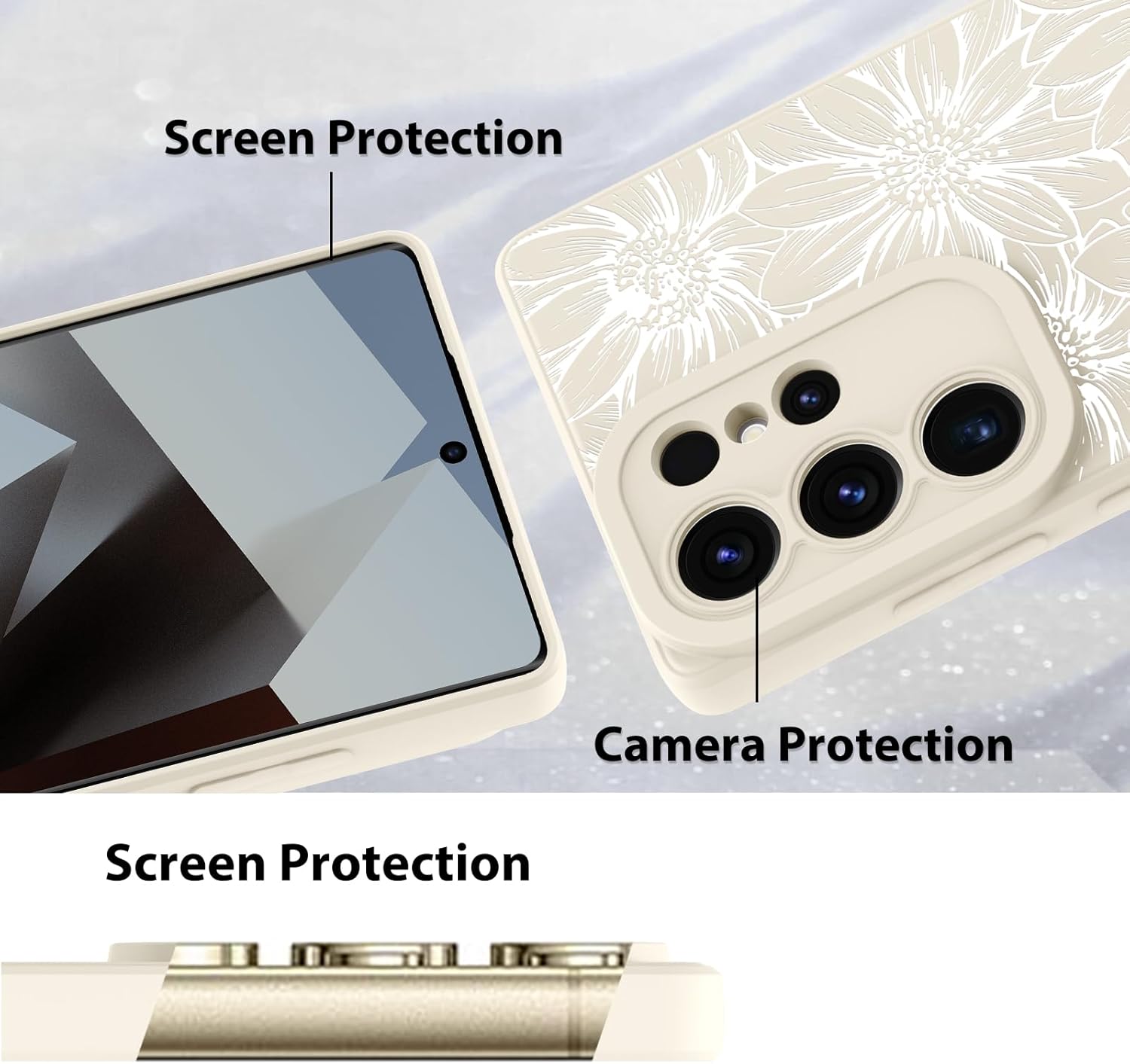 MZELQ for Samsung Galaxy S25 Ultra Case, Silicone White Floral Flowers Sunflowers Cute Pattern, Camera Protection Soft Slim Phone Case for Girls Women -White - Image 4