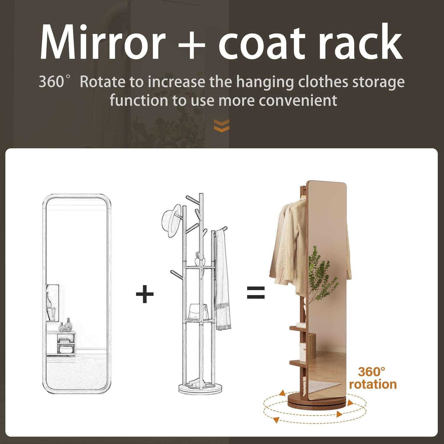 WoodsWhisper Full Length Mirror Coat Rack Solid Wood Floor Mirror 66"x12" Full Length Mirror with Stand Long Mirrors for Bedroom,Living Room (Deep Walnut, 66" Lx12 W) - Image 3