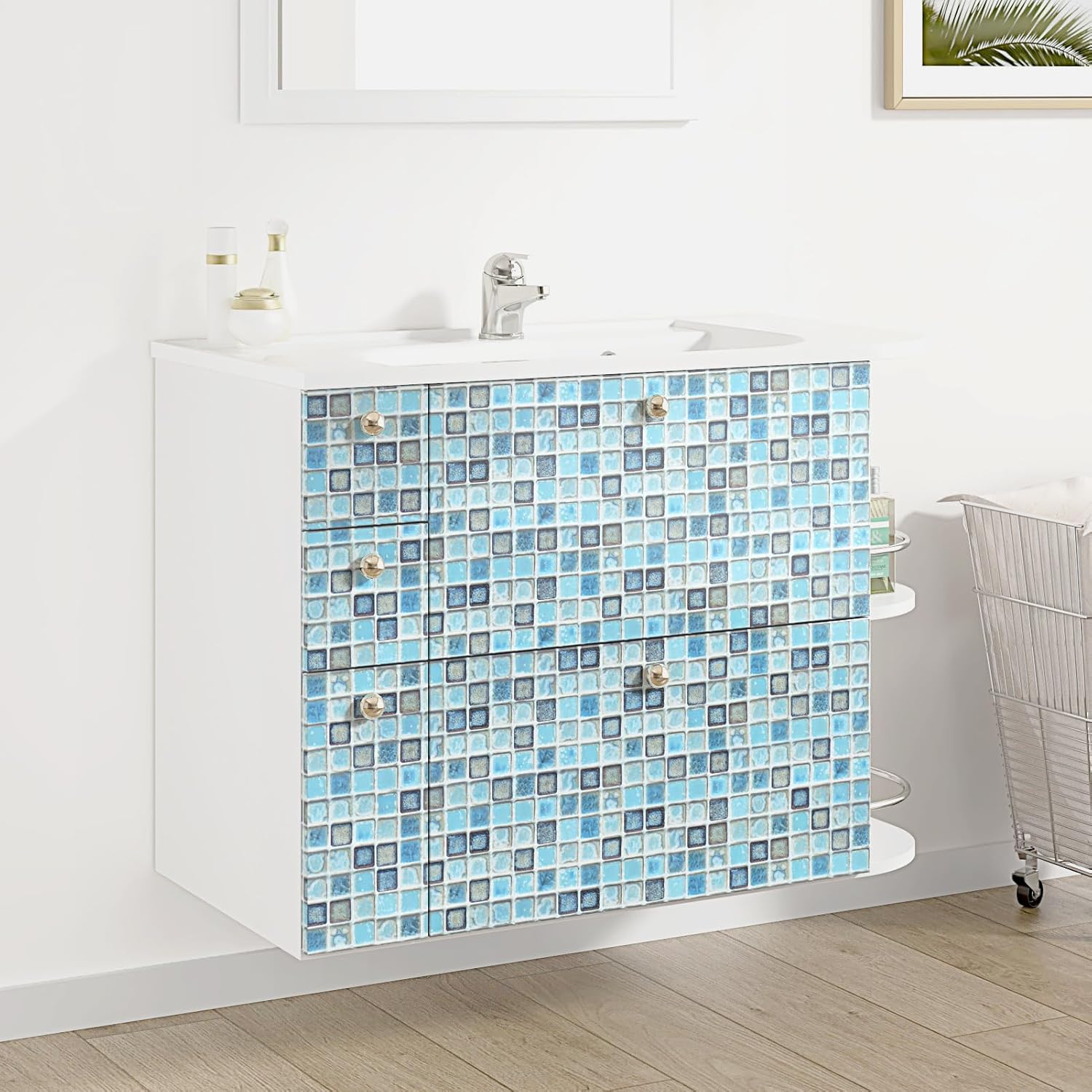 Wallercity Blue Waterproof Wallpaper for Bathroom Peel and Stick Mosaic Wallpapers for Shower Wall Blue Lattice Contact Paper for Walls Kitchen Backsplash Removable Vinyl Wall Paper Roll 15.8''x118''