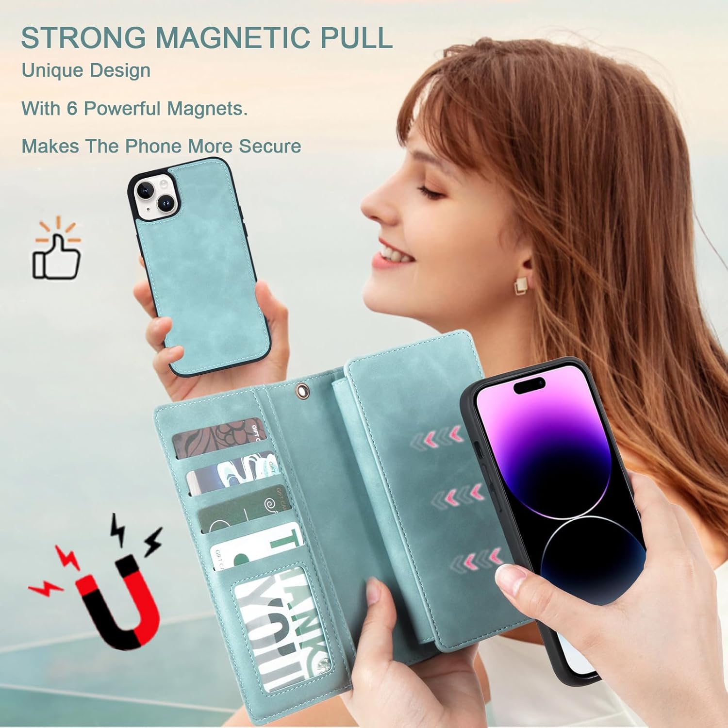 TwoHead Wallet Case Compatible with iPhone 15 Plus,Detachable Magnetic Phone Case,All-Round Shockproof Protective Leather Phone Case with Card Holder,6.7 in,Blue - Image 2