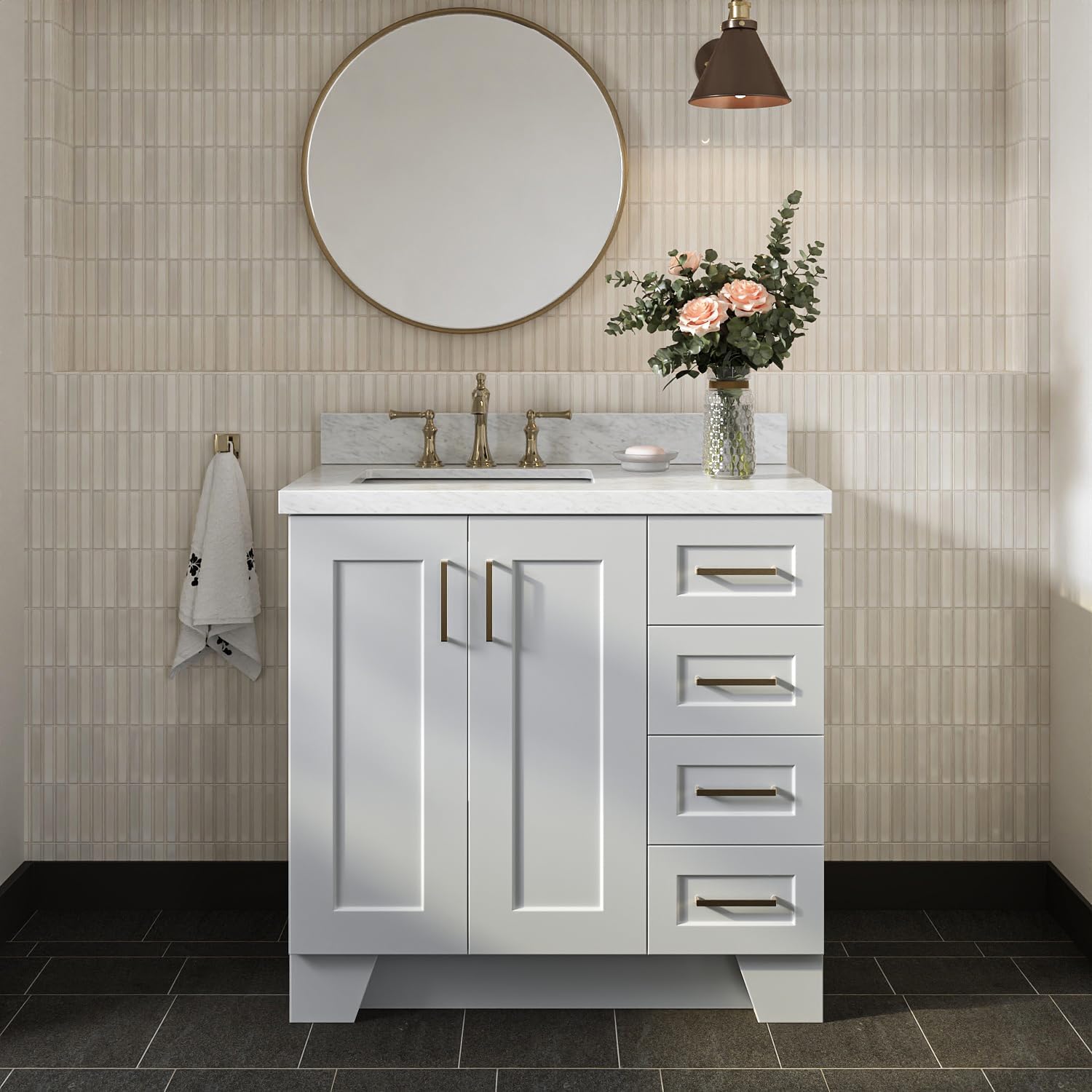 DKB Emilia 36-Inch Grey Bathroom Vanity with Sink, Solid Wood Base, 1.5-Inch Edge Italian Carrara Marble Top, Left Rectangular Sink, 2 Soft-Close Doors, 5 Drawers