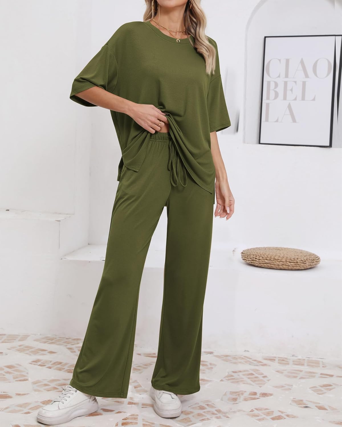 Womens Lounge Set 2026 Summer 2 Piece Outfits Oversized Short Sleeve Tops & Wide Leg Pant Matching Sets Clothing - Image 5