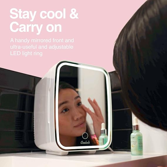 Cooluli Glow 4L Mini Skincare Fridge with Mirror & LED Light - Small Refrigerator for Skin Care, Makeup, Food & Drinks - Portable Mini Fridge for Bedroom & Office, 100-240V, White Mirror LED