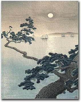 LUCKLYDOUDOU Poster Wall Art Picture Vintage Print Japan Poster Full Moon at Akashi Beach Ukiyo-e Japanese Wall Decor Modern Art Decoration for Living Room Bedroom and Office 8x12inch wood Frame