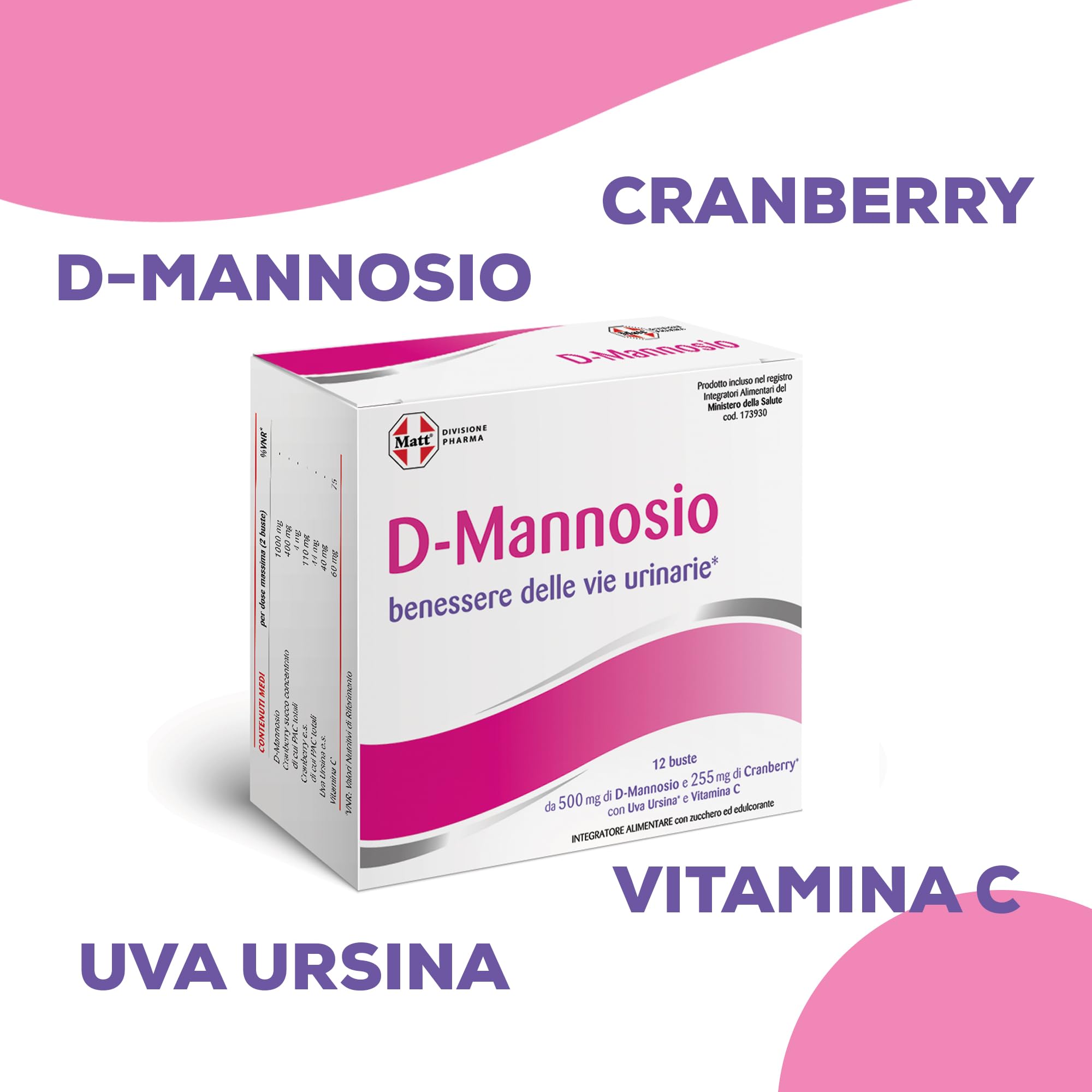 Matt, D-Mannosio 500 Cranberry, Integratore Alimentare per il Benessere delle Vie Urinarie con D-Mannosio, Cranberry, Uva Ursina e Vitamina C, Confezione da 12 Bustine