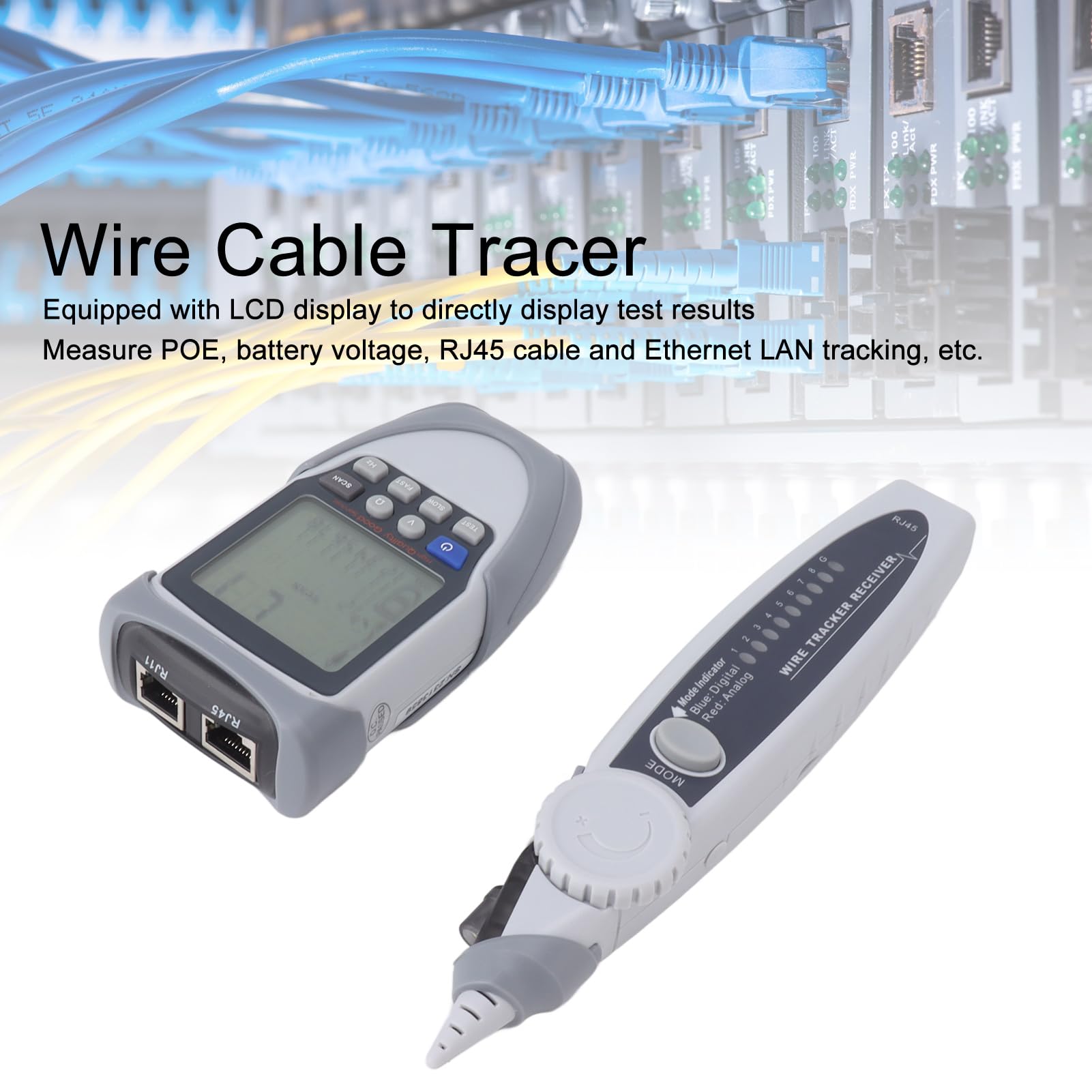 Kabelsucher mit Empfänger, Leitungssucher für Kabeltester mit LCD-Display, POE-Batteriespannungsmessung, multifunktionaler Kabelsucher für die Wartung von