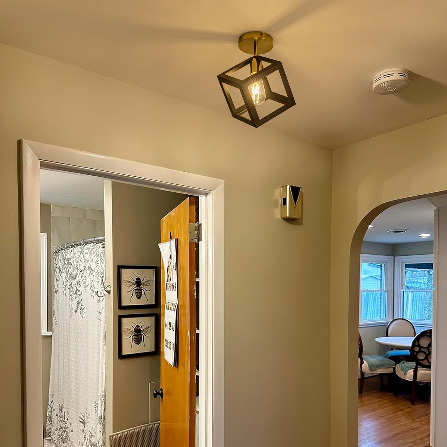 Modern Flush Mount Ceiling Light Fixture, Metal Frame Light Fixture,Black and Gold Finish, 9x9x13inches,for Entryway Porch Hallway Stairway Garage Living Room Dining Room Balcony