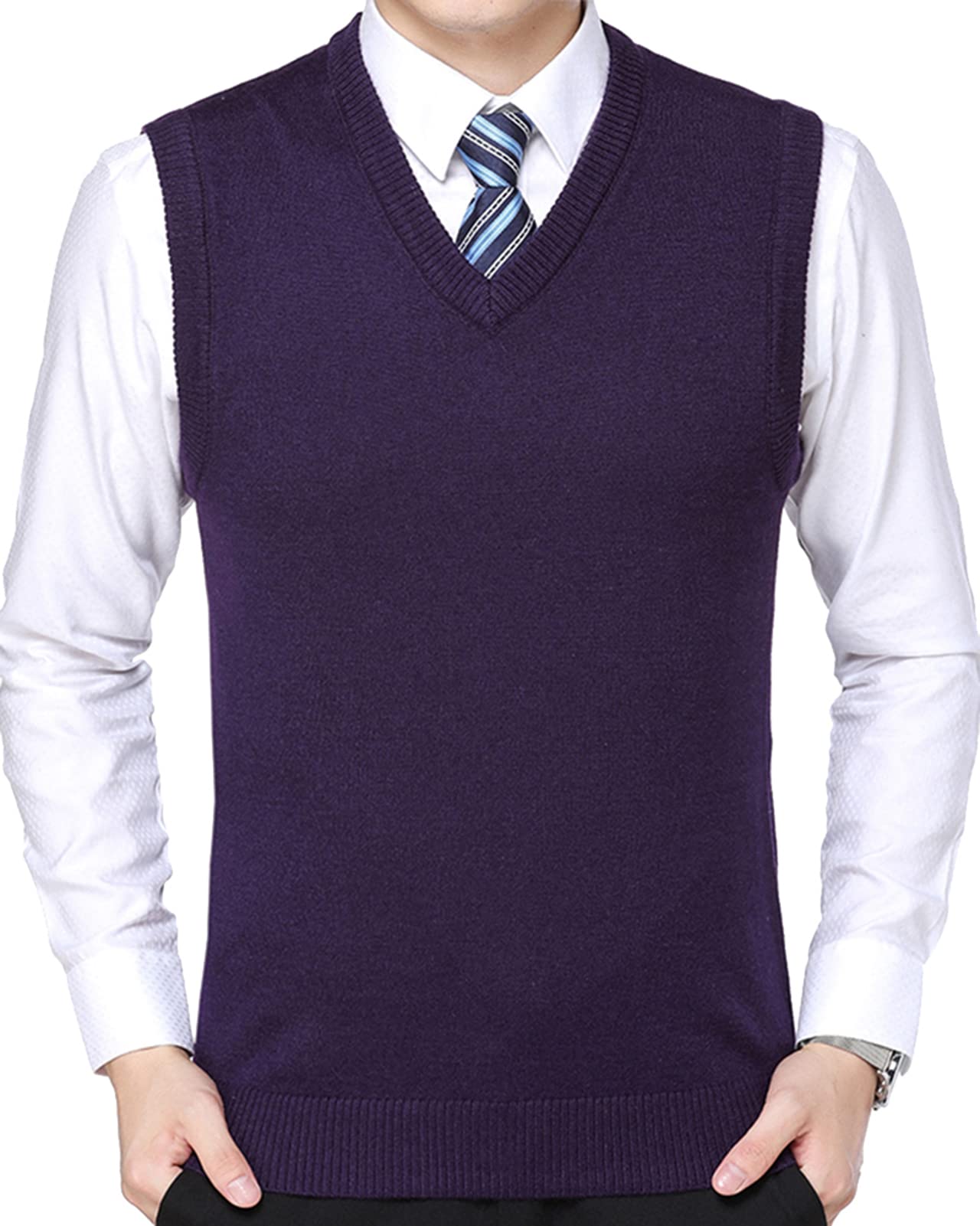 Mens V-Neck Sleeveless Jumper Vest Business Gentleman Knitted Gilets Waistcoat Sweater Tank Tops Purple XL