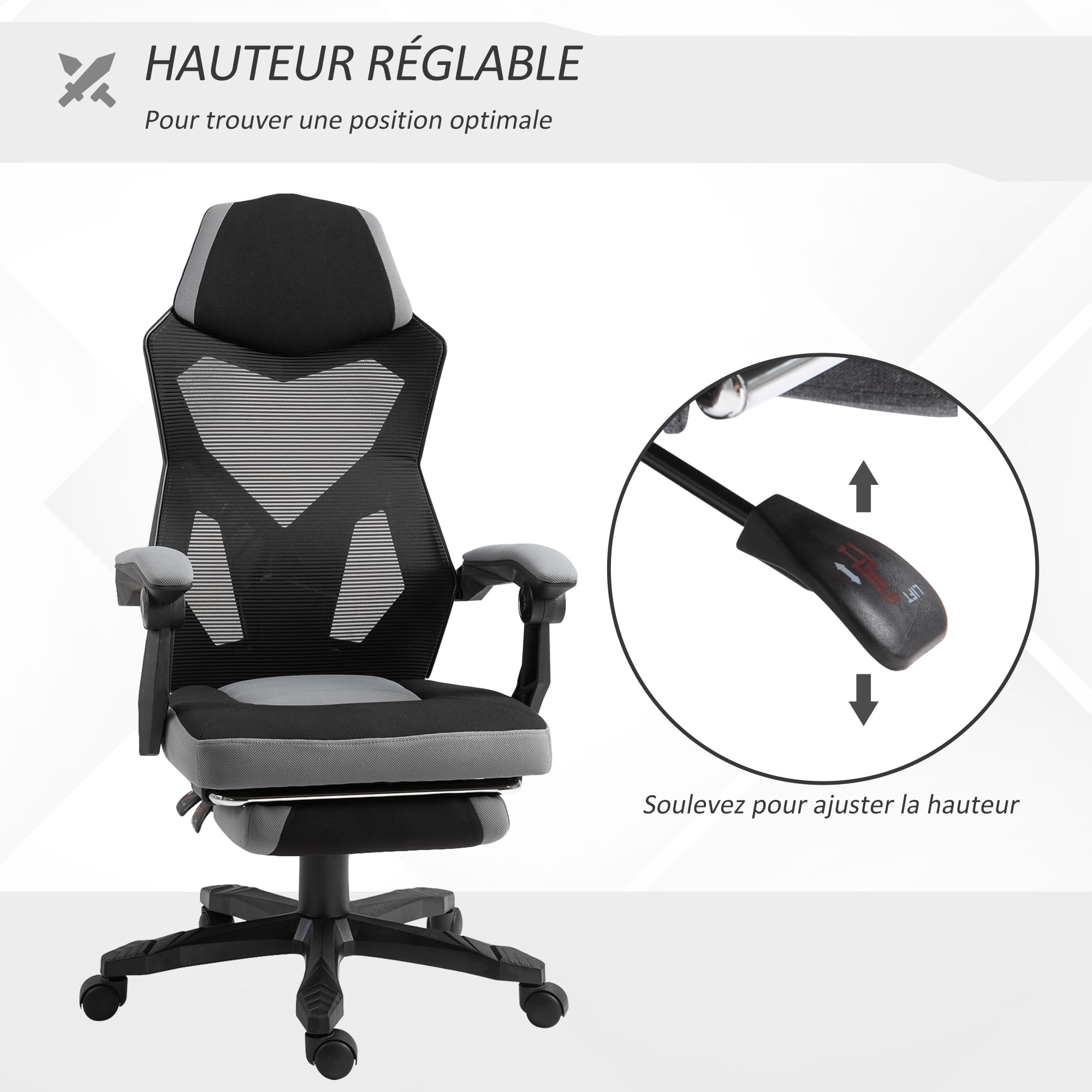 Vinsetto Silla Ergonómica Oficina, Respaldo Alto, Malla, Reclinable, Gris