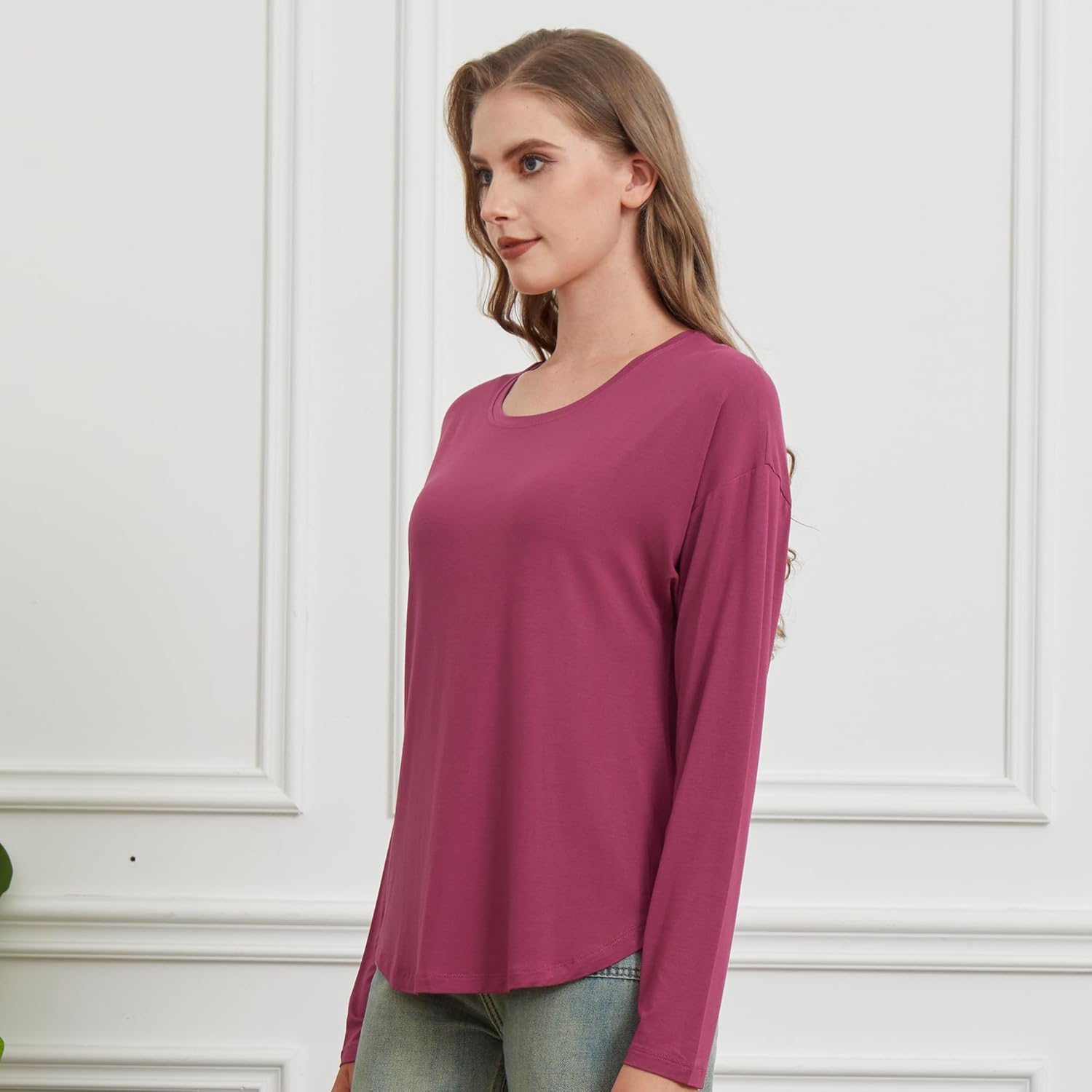 netdraw Women's Ultra Soft Bamboo Viscose Long Sleeve Dolman Shirts, Loose Fit Casual Batwing Lounge Sleep Pajama Tops - Image 3