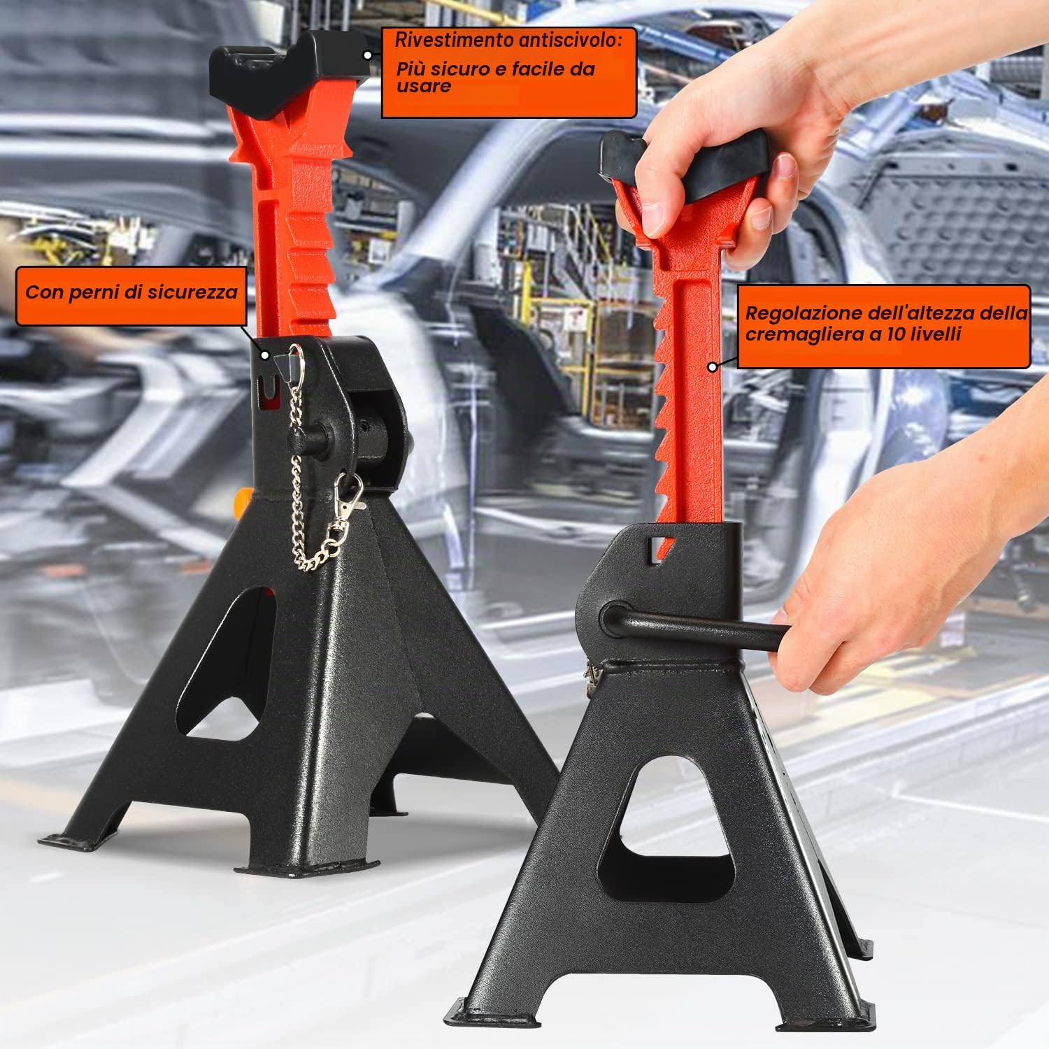 Cavalletti di Supporto, 4 Pezzi, per cric, Modello 6T, Supporto per roulotte, Altezza di Sollevamento 285 – 430 mm, Regolabile in Altezza (con Fusibile e Gomma)