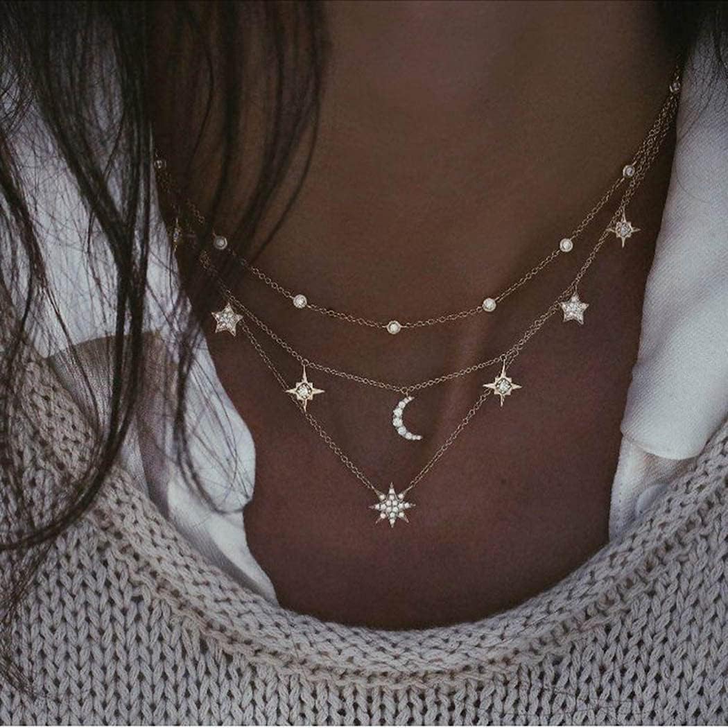 Layered Stars and Moon Choker Necklaces Gold Fashion Crescent Crystal Pendant Necklace Chain Adjustable Jewelry for Women - Image 2