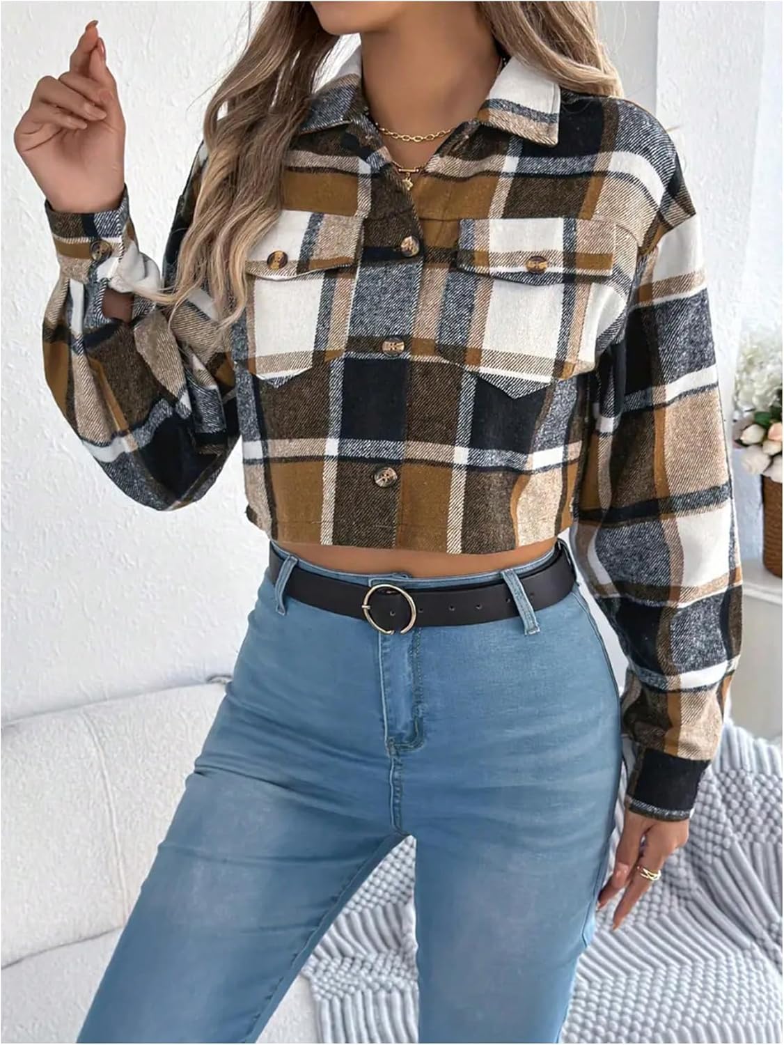 SOLY HUX Women's Plaid Flannel Shirt Button Down Long Sleeve Shacket Blouse Crop Tops Fall Clothes - Image 4