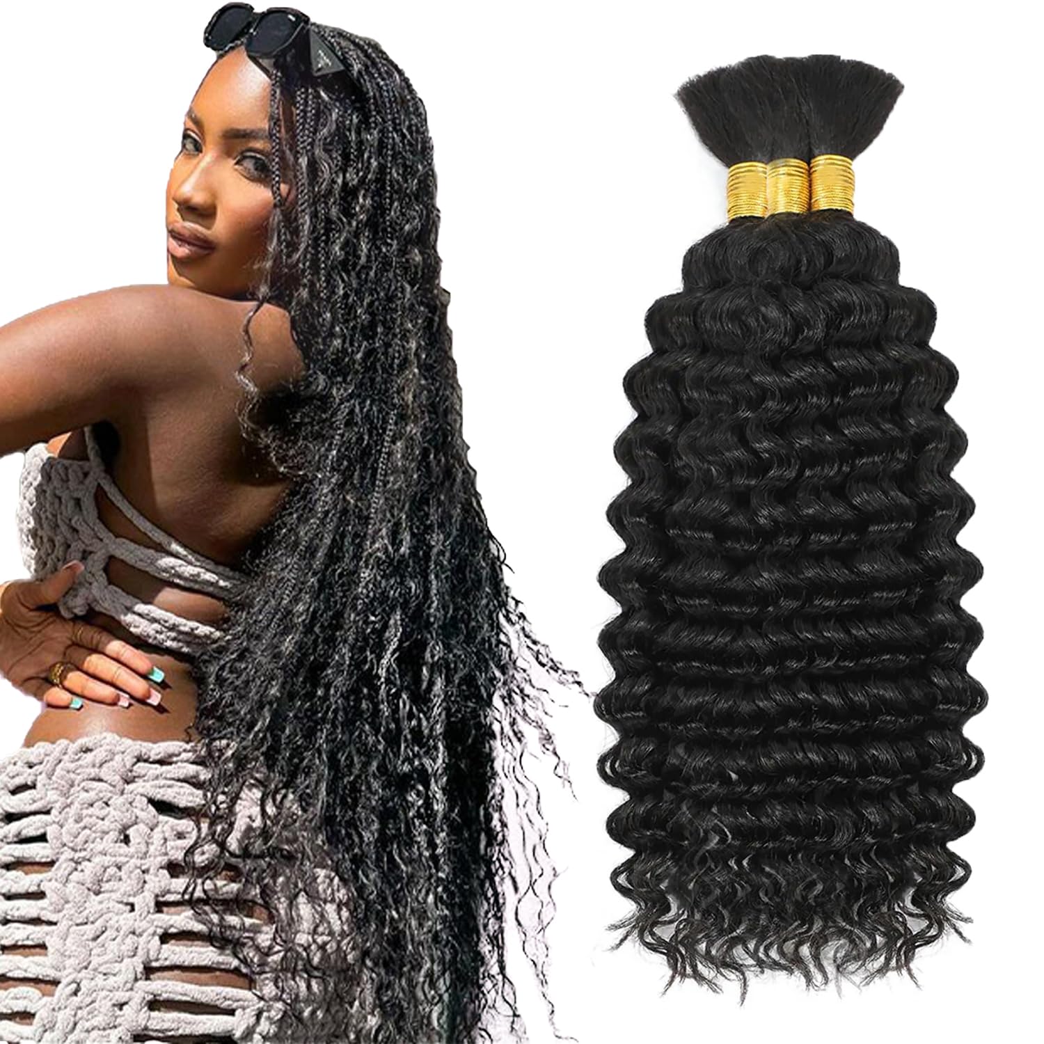 30 30 30 Inch Human Hair Bundles for Braiding Deep Wave Bulk 1B Human Braiding Hair Deep Curly Boho Hair for Braiding Hair Extensions