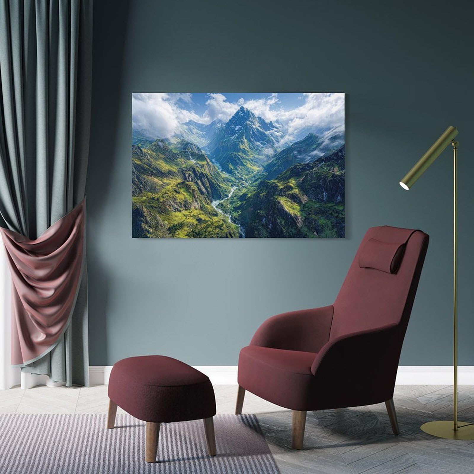 Junmoney Majestic Mountain Valley with River Decorative Canvas Print, 24x36inch(60x90cm), for New Home Styling, Lounge Or Bedroom, Wall Decor with Flexible Room Appeal