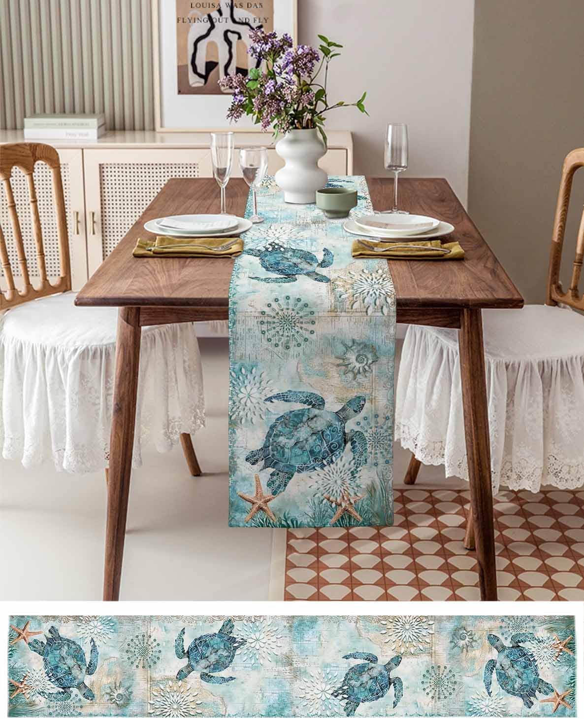 Coastal Sea Turtle Table Runner 120 Inches Long, Teal Nautical Farmhouse Dress Scarves, Summer Beach Starfish Vintage Dining Tablerunner for Coffee Table/Kitchen Island/Party, 13" x 120"