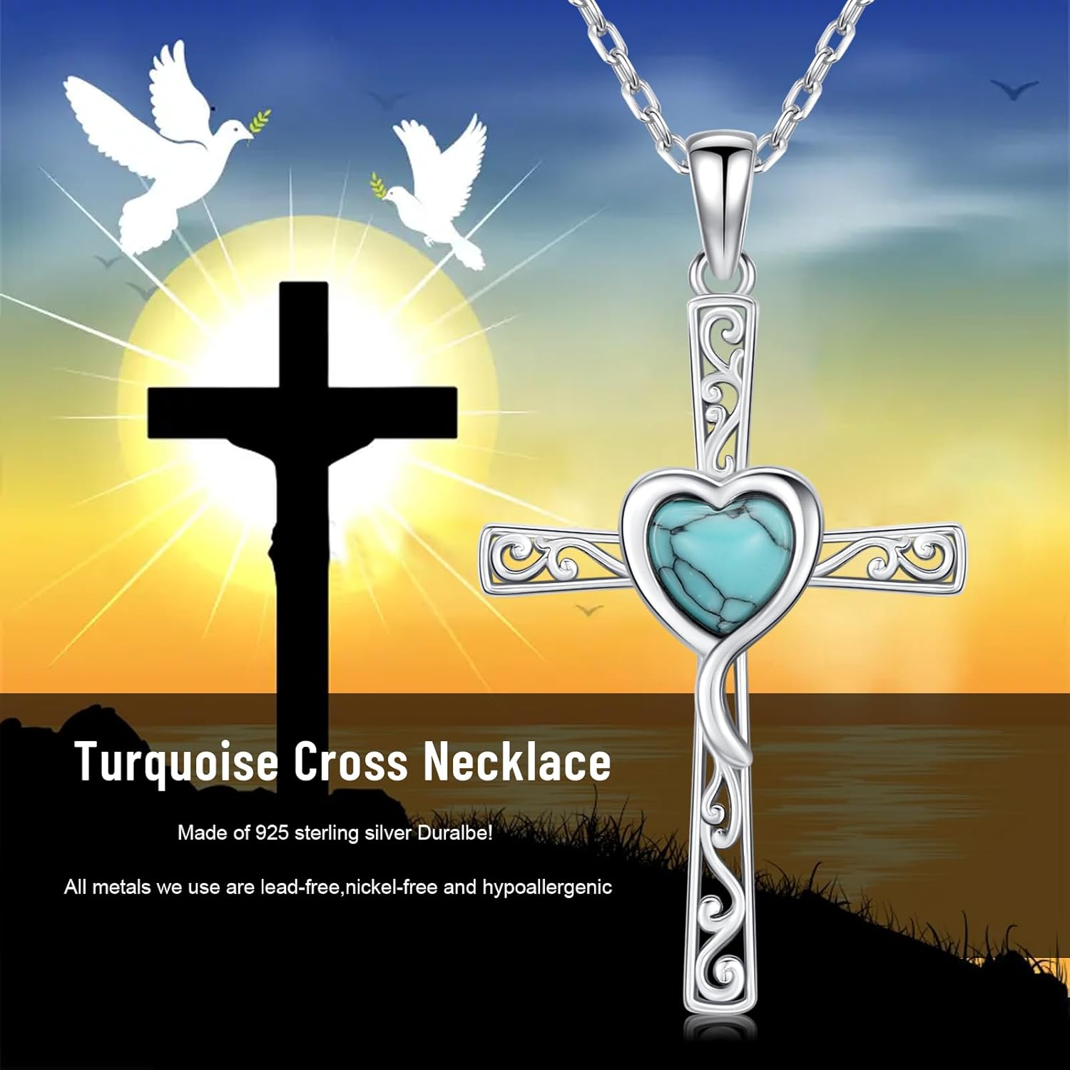 Cross Necklace 925 Sterling Silver Turquoise Christian Pendant Religious Cross Jewelry Christmas Gifts for Women Men - Image 7