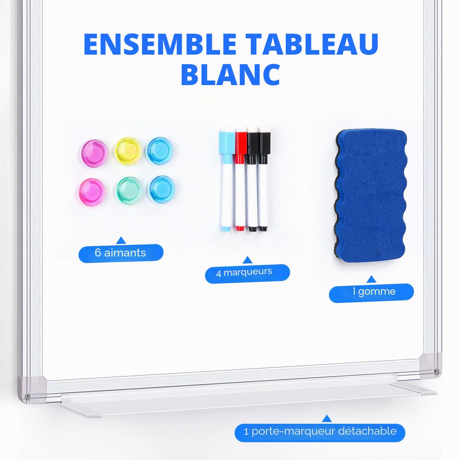maxtek Tableau Blanc Effacable avec Patere Porte 75 × 50 cm, Magnétique Whiteboard Mural Sans Percage, Tableau Cadre en Aluminium avec 4 Marqueurs, 6 Aimants, 1 Effaceur pour Maison, Cellier, Bureau
