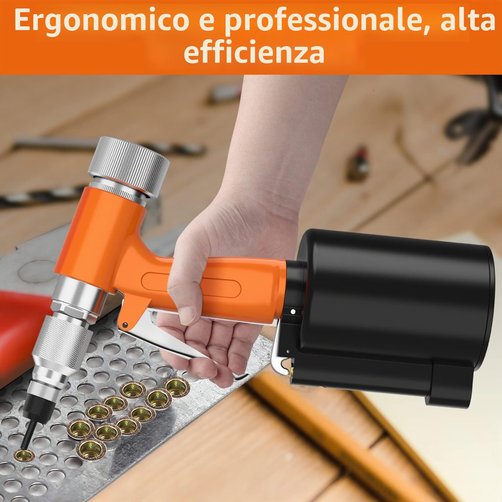 Proster Rivettatrice Pneumatica con 100Pz Inserti Filettati 1/4" Rivettatrice ad Aria Professionale per Rivetti M4 M5 M6 M8 M10 Pistola a Rivetto ad Aria per Decorazione Fabbricazione Macchine-arancia