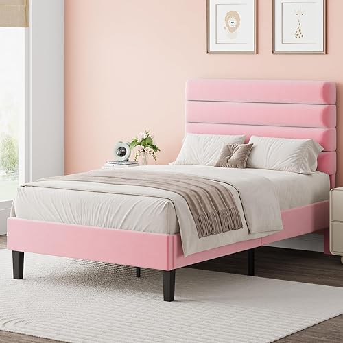 Miniatura 14 de Base de cama tamaño Queen con cabecero tapizado en terciopelo, base de cama plataforma tamaño Queen con soporte de listones de madera, no requiere