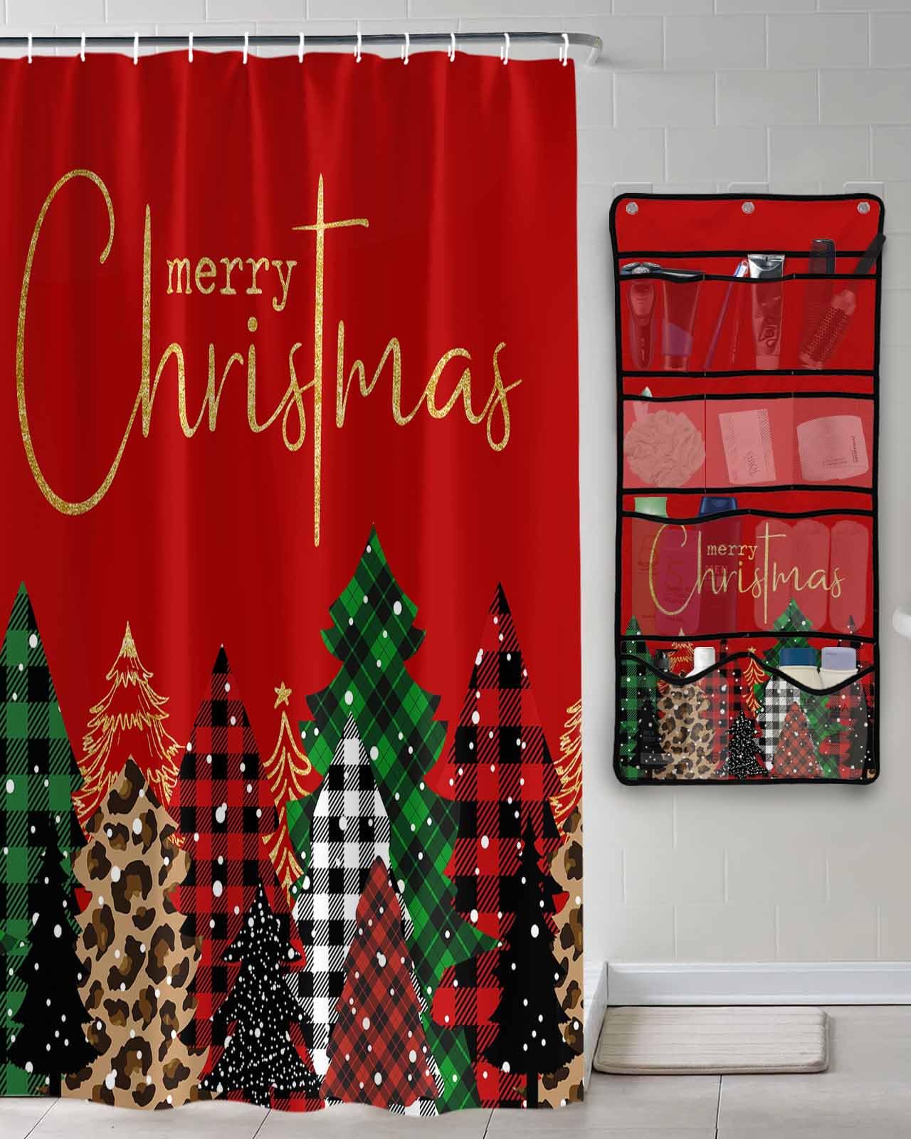 Shower Curtain Mesh Shower Organizer Hanging Set Merry Christmas Leopard Print and Buffalo Xmas Tree Waterproof Shower Curtains