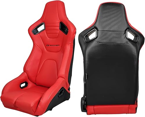 Miniatura 2 de IKON MOTORSPORTS, Par de asientos universales de carreras con deslizadores dobles, poliuretano rojo y cuero de carbono, reclinable, izquierda y