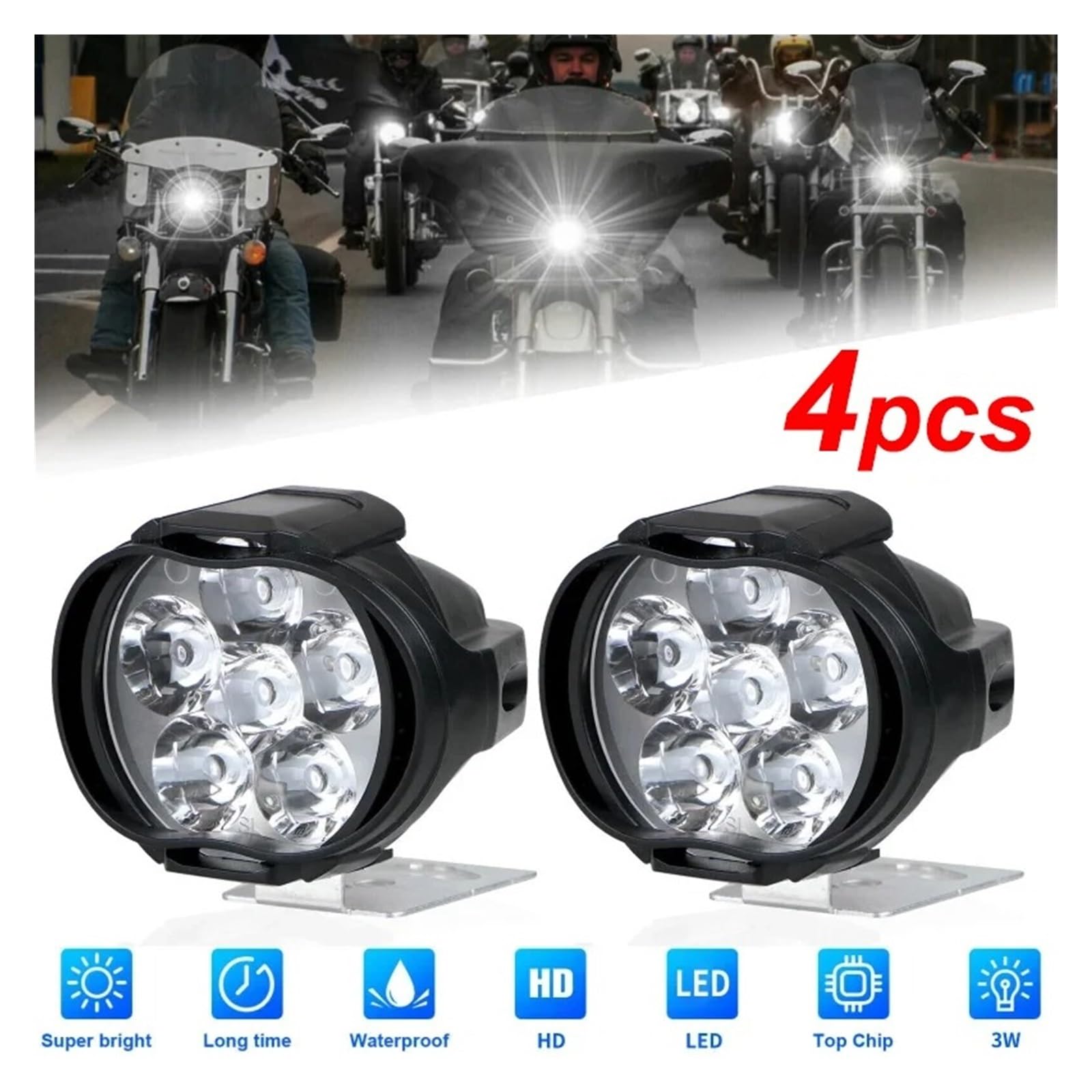 Phare Avant Moto 1/4 Pièces Motos Phare Travail Spot Lumière 6 LED Auxiliaire Moto Antibrouillard Scooter Ampoules Modifiées(4pcs light)