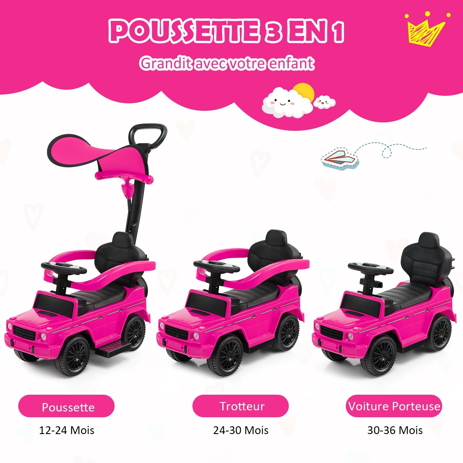 COSTWAY 3 en 1 Mercedes-Benz Porteur Enfant avec Poignée Détachable & Auvent Amovible, Voiture à Pousser Bébé avec Volant & Klaxon, Espace Caché & Repose-Pieds, Charge 25kg pour 1-3 Ans (Rose)