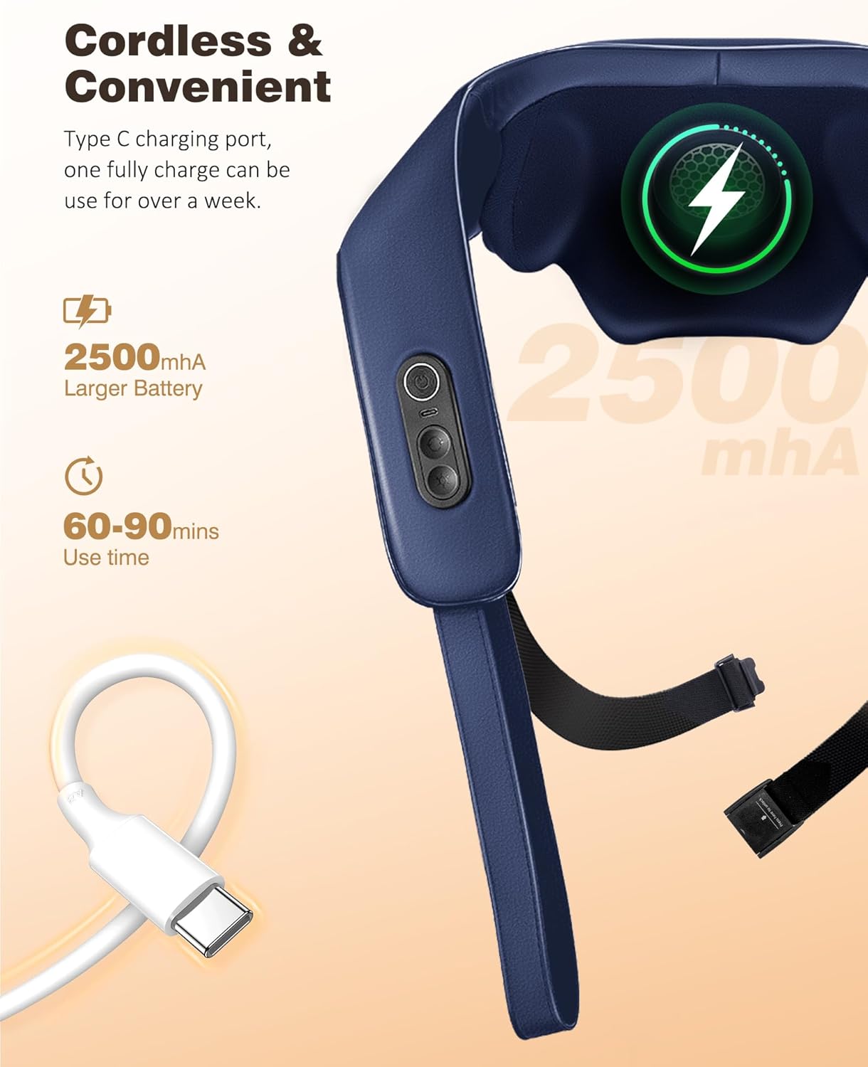 KNQZE massager showing Type-C charging port and battery specifications
