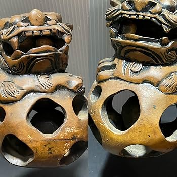 Amazon.co.jp: 時代物玉獅子唐獅子仏教美術木彫細密彫刻置物ペア 303