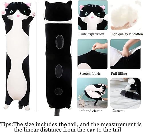Miniatura 10 de Almohada larga de felpa suave con diseño de gato para abrazar, almohada de animal de peluche, bonita almohada para dormir, regalo para niños (35.43